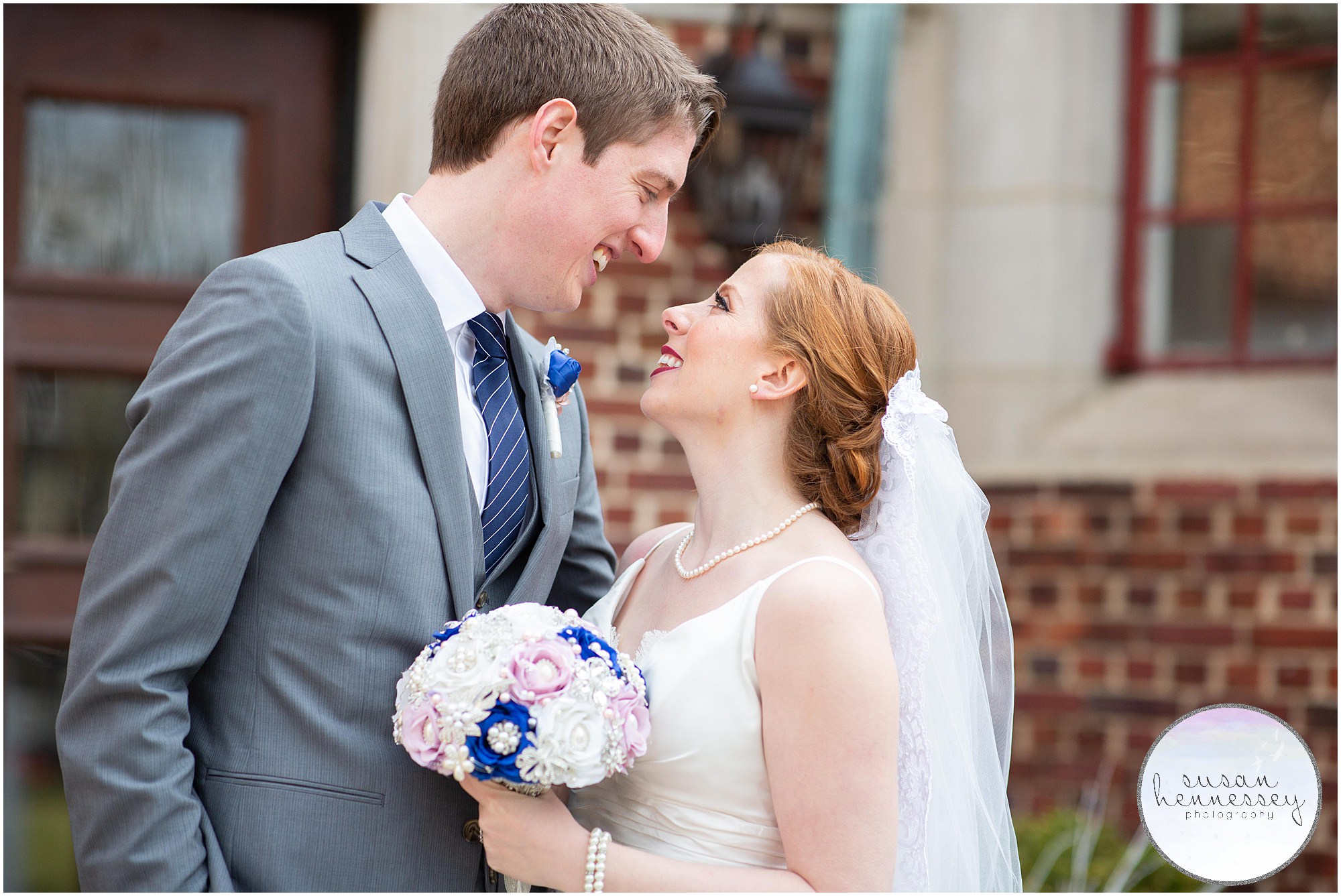 Romantic outdoor portraits of bride and groom at Moorestown Community House