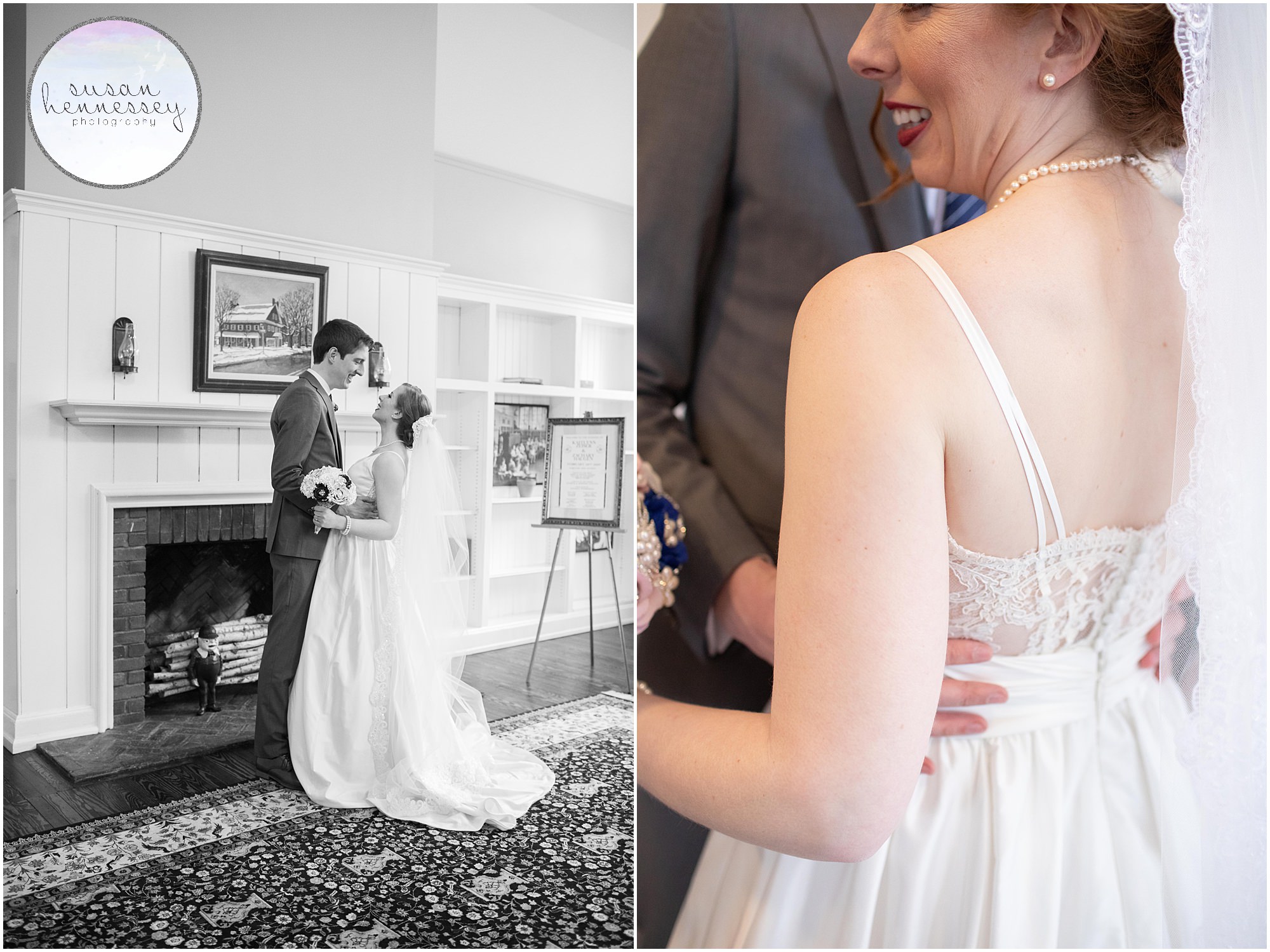 Indoor bride and groom portraits in library at Moorestown Community House