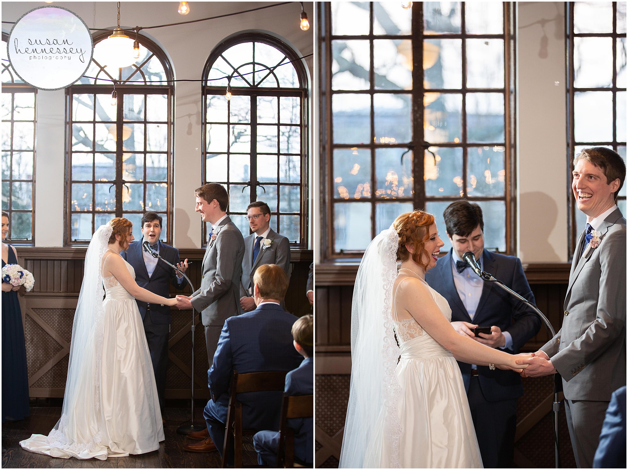 Indoor ceremony in the library at Moorestown Community House