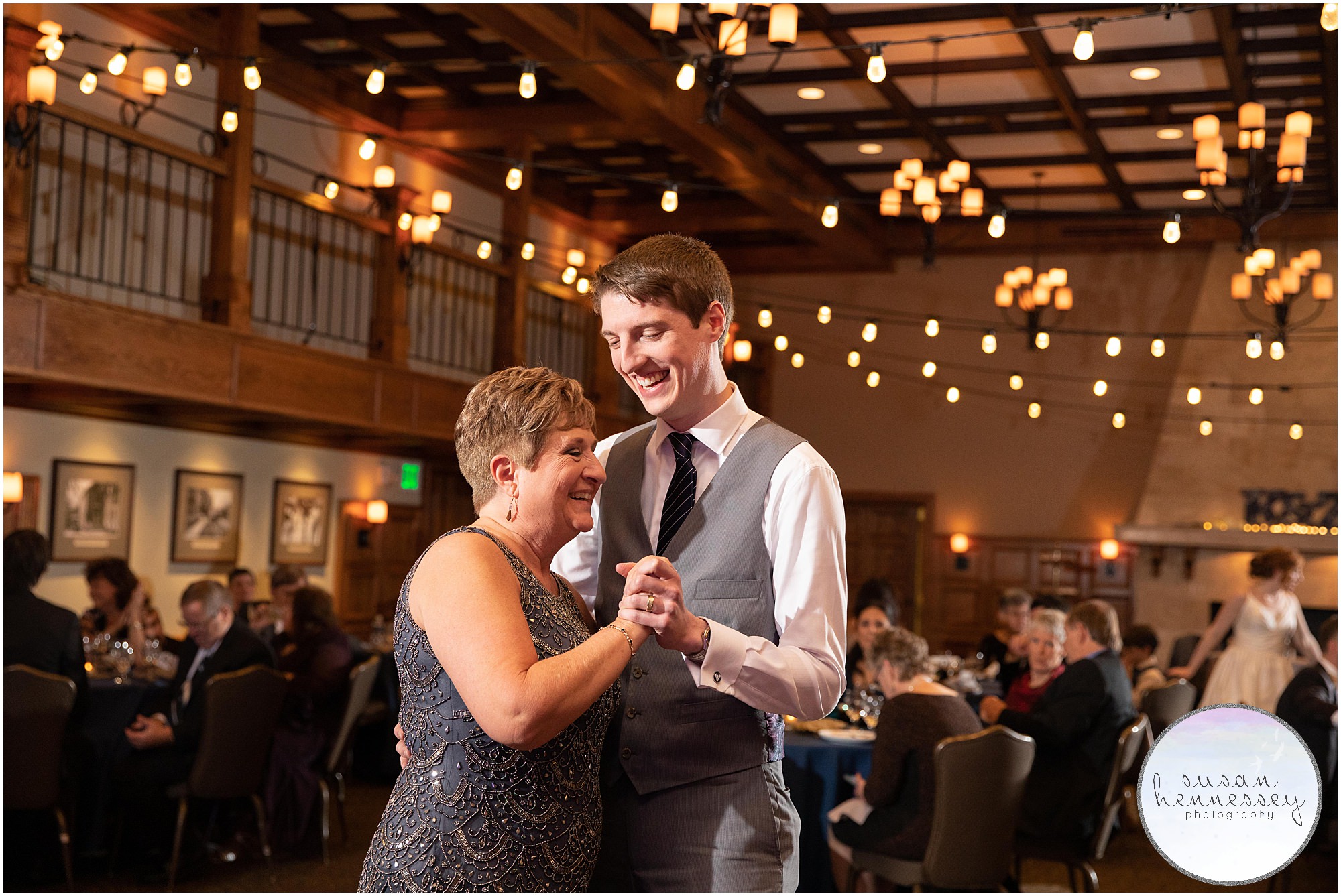 Groom and mother dance at a Moorestown Community House wedding