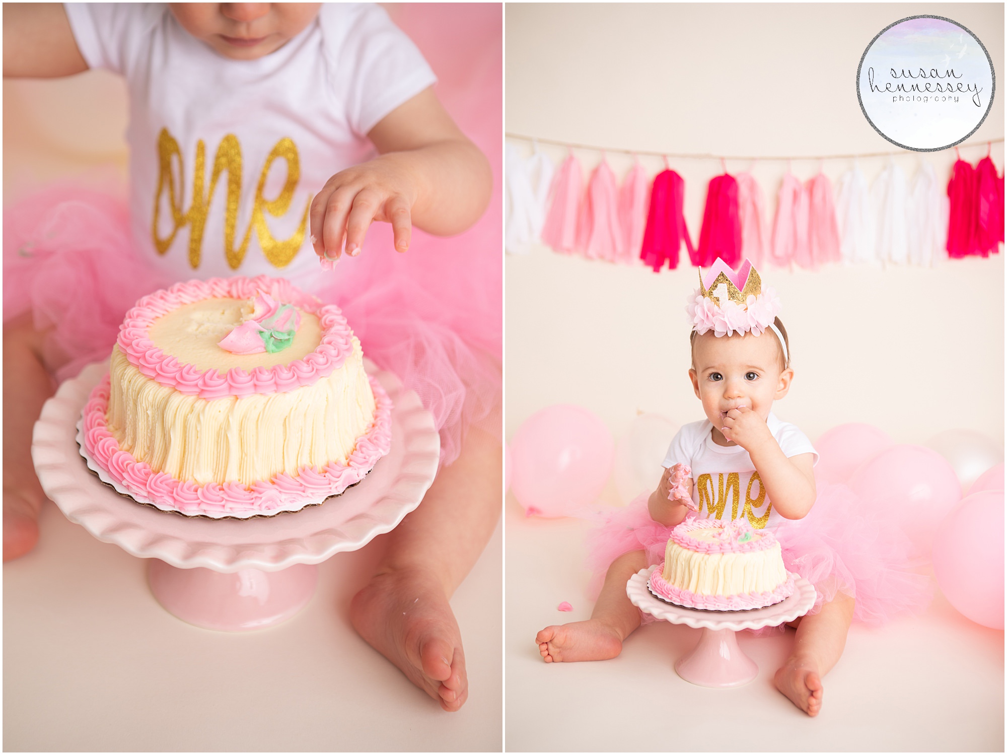Norah had a pink and white themed cake smash photo session