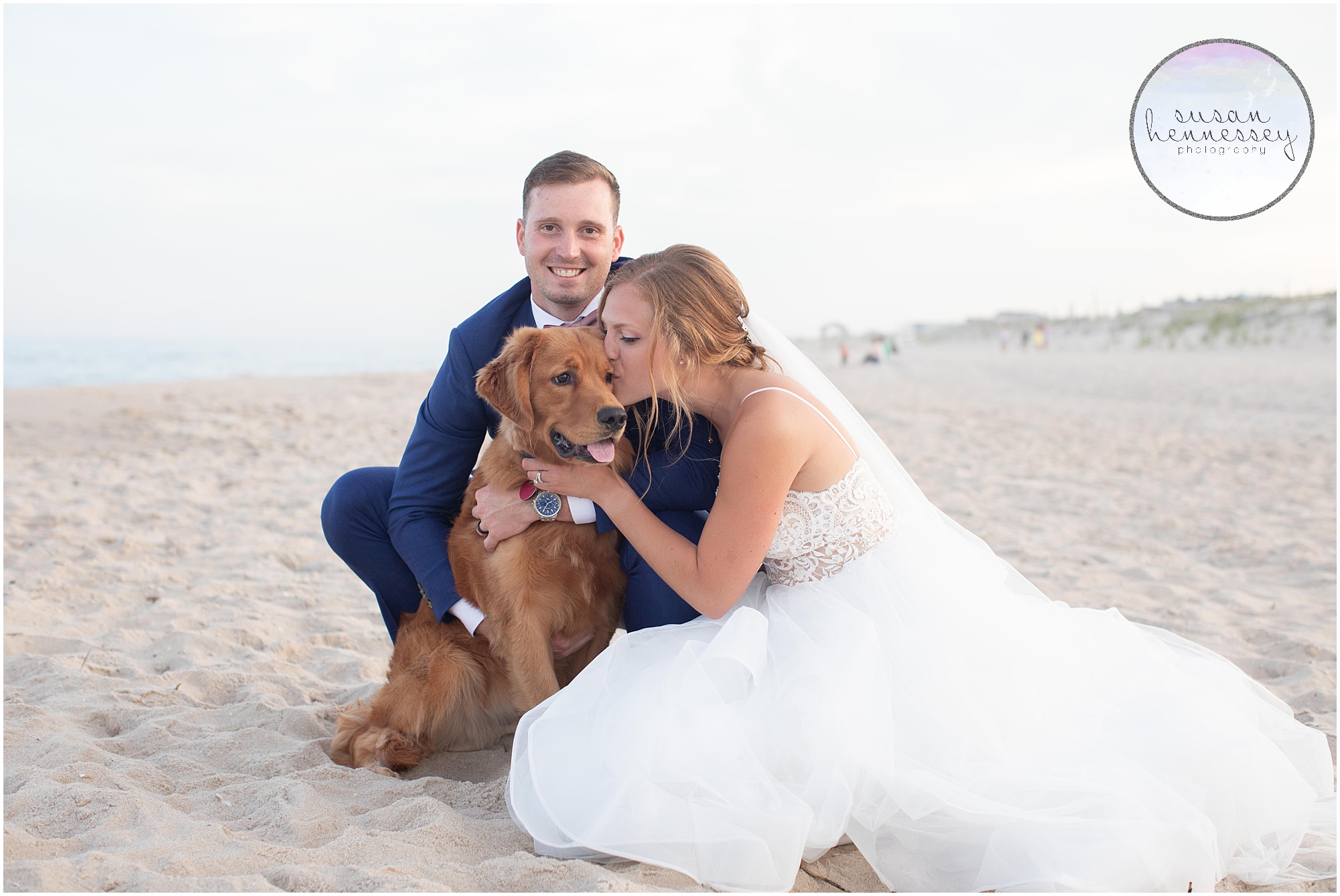 Bride and groom portraits with their dog in LBI