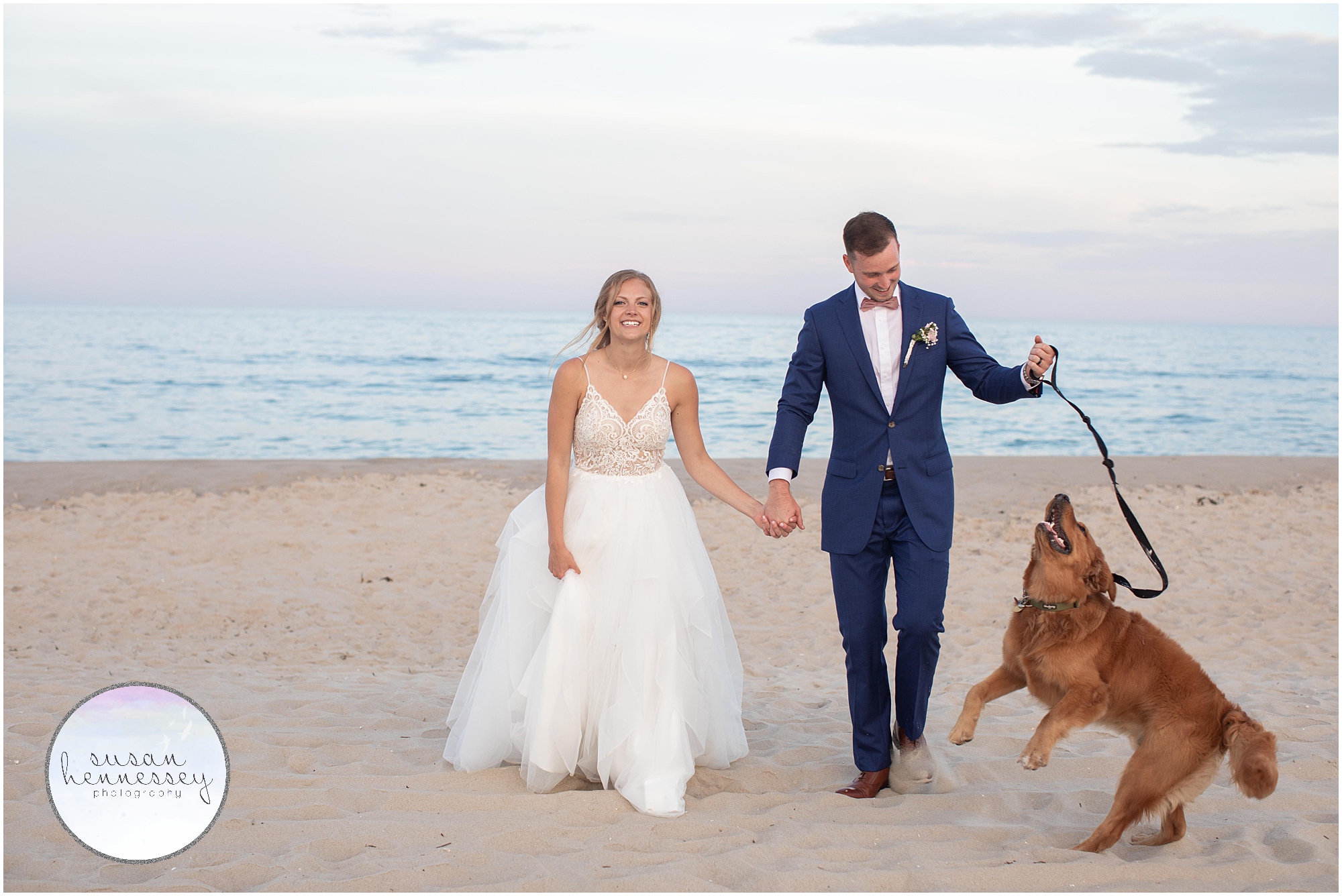 A bride and groom and their energetic dog in LBI
