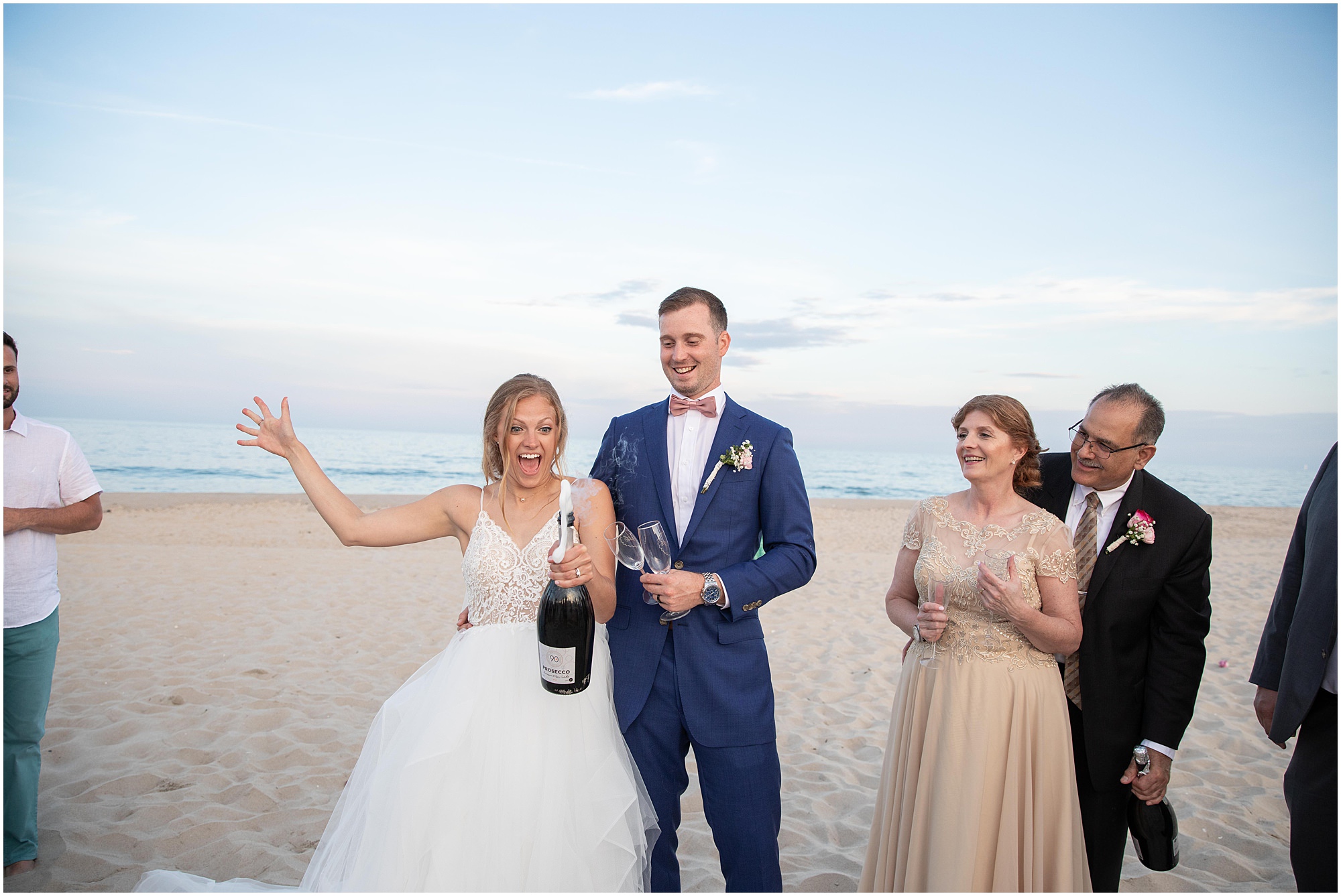 Champagne toast on beach at LBI microwedding