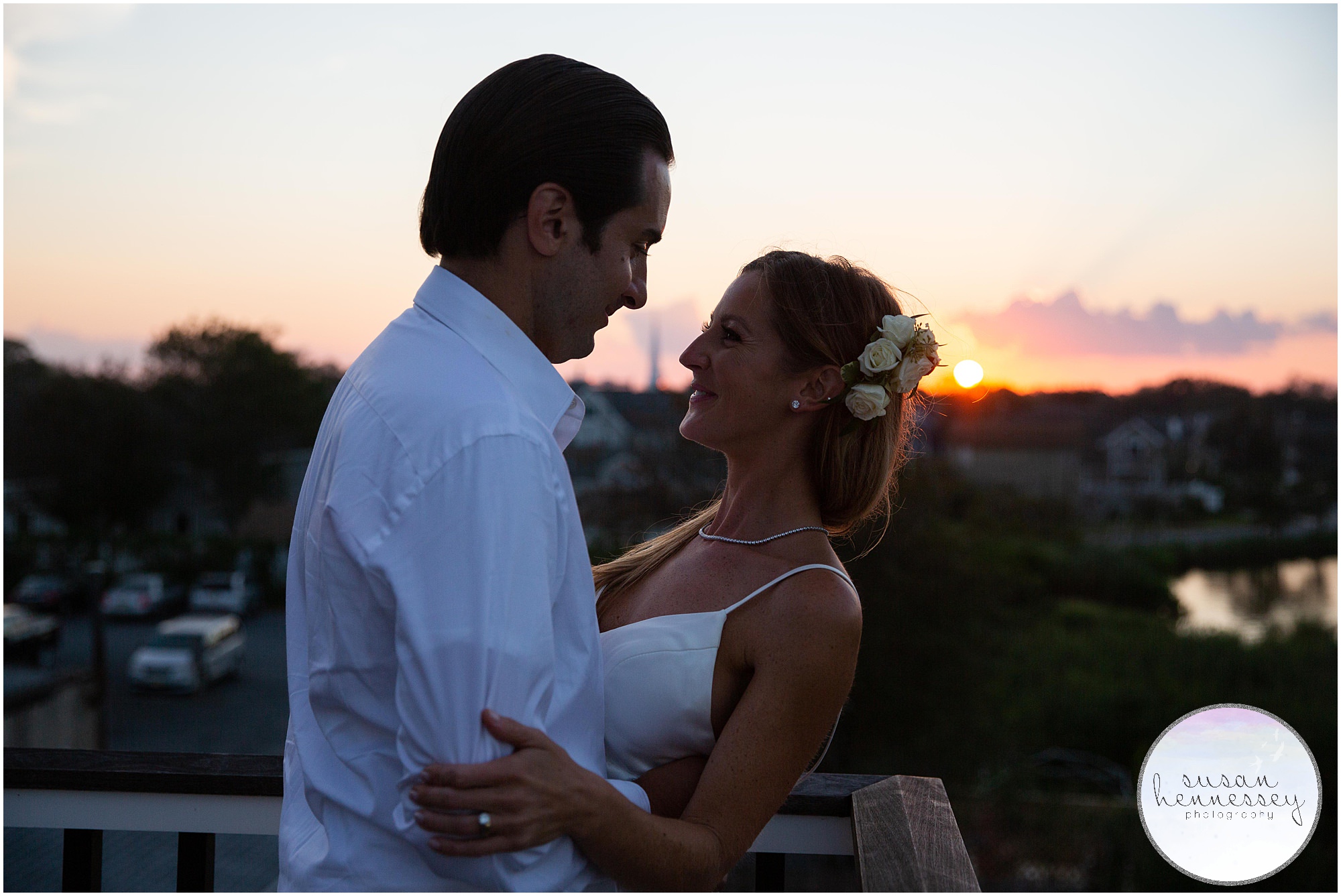 Sunset portraits at microwedding at Charlie's of Bay Head 