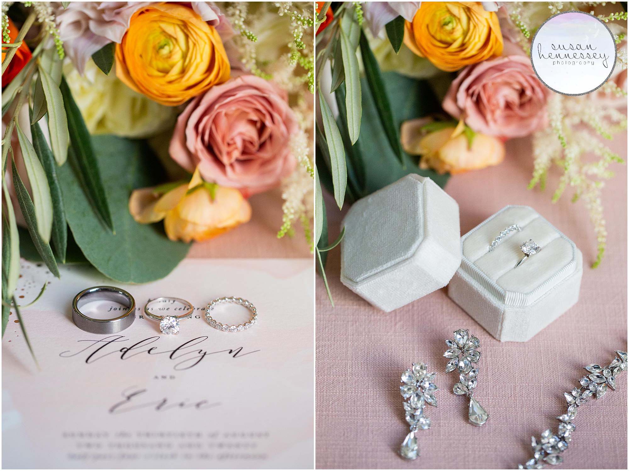 Rings, invitation and jewelry at Atlantic City Country Club wedding