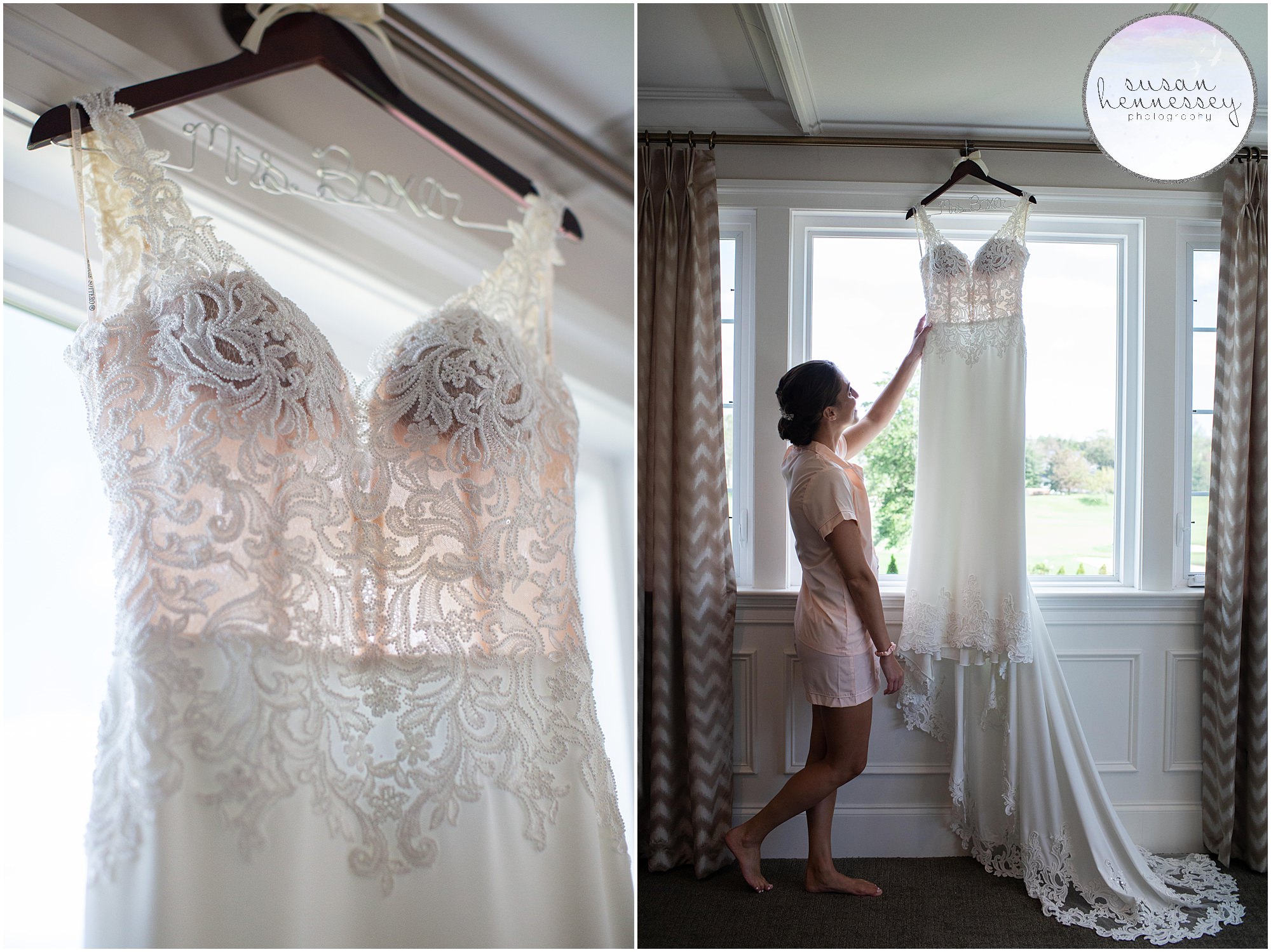 A bride and her wedding gown in the Atlantic City Country Club bridal suite