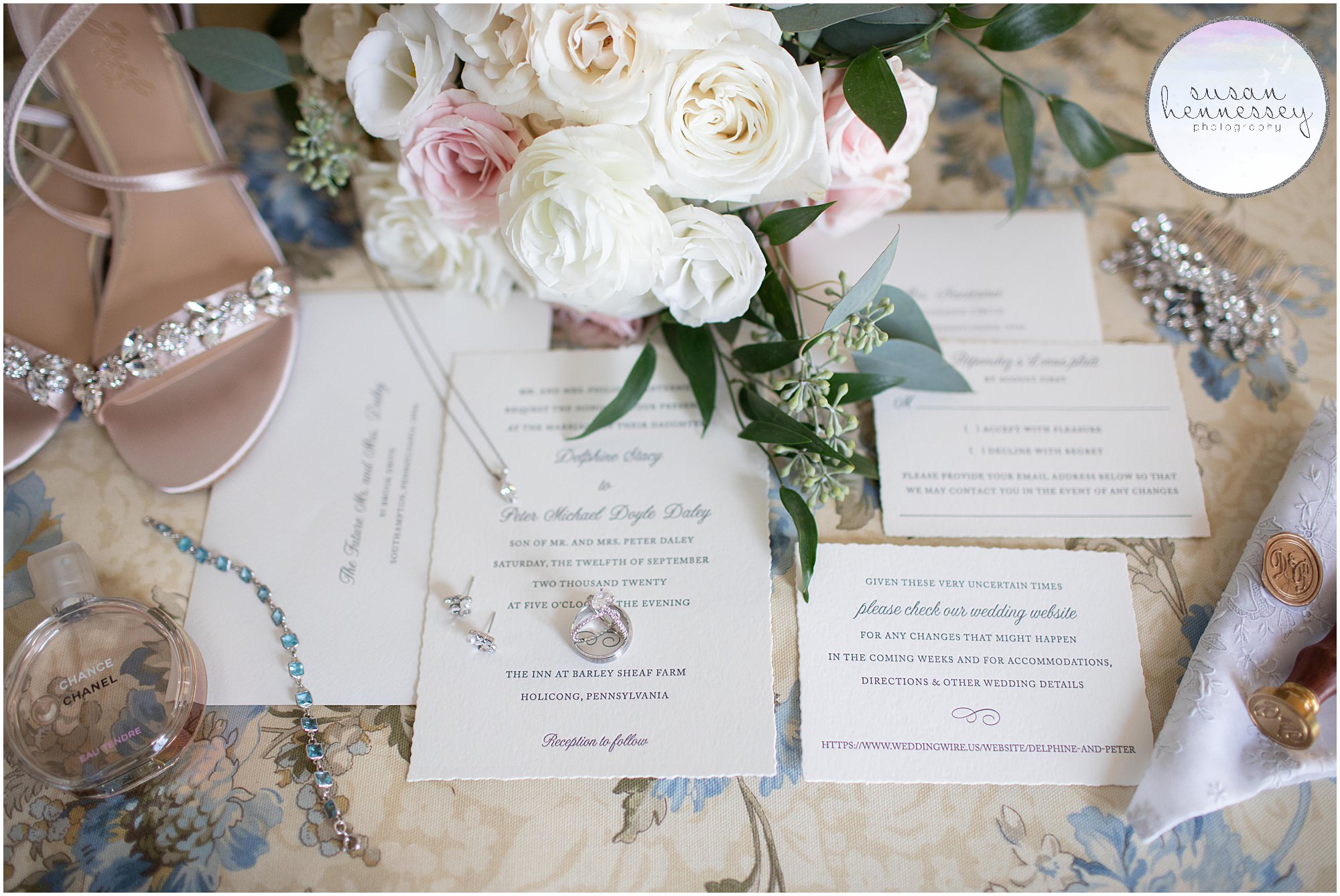 Bridal details for romantic and elegant Inn at Barley Sheaf Farm Wedding