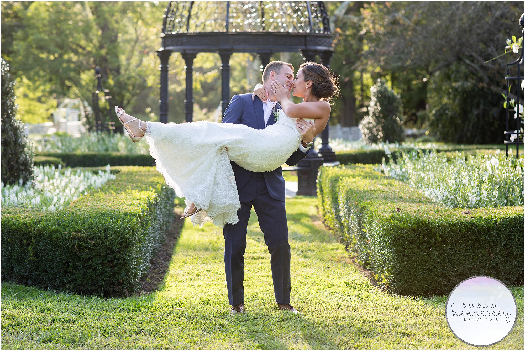 Bride and groom at elegant and romantic Inn at Barley Sheaf Farm outdoor tented wedding