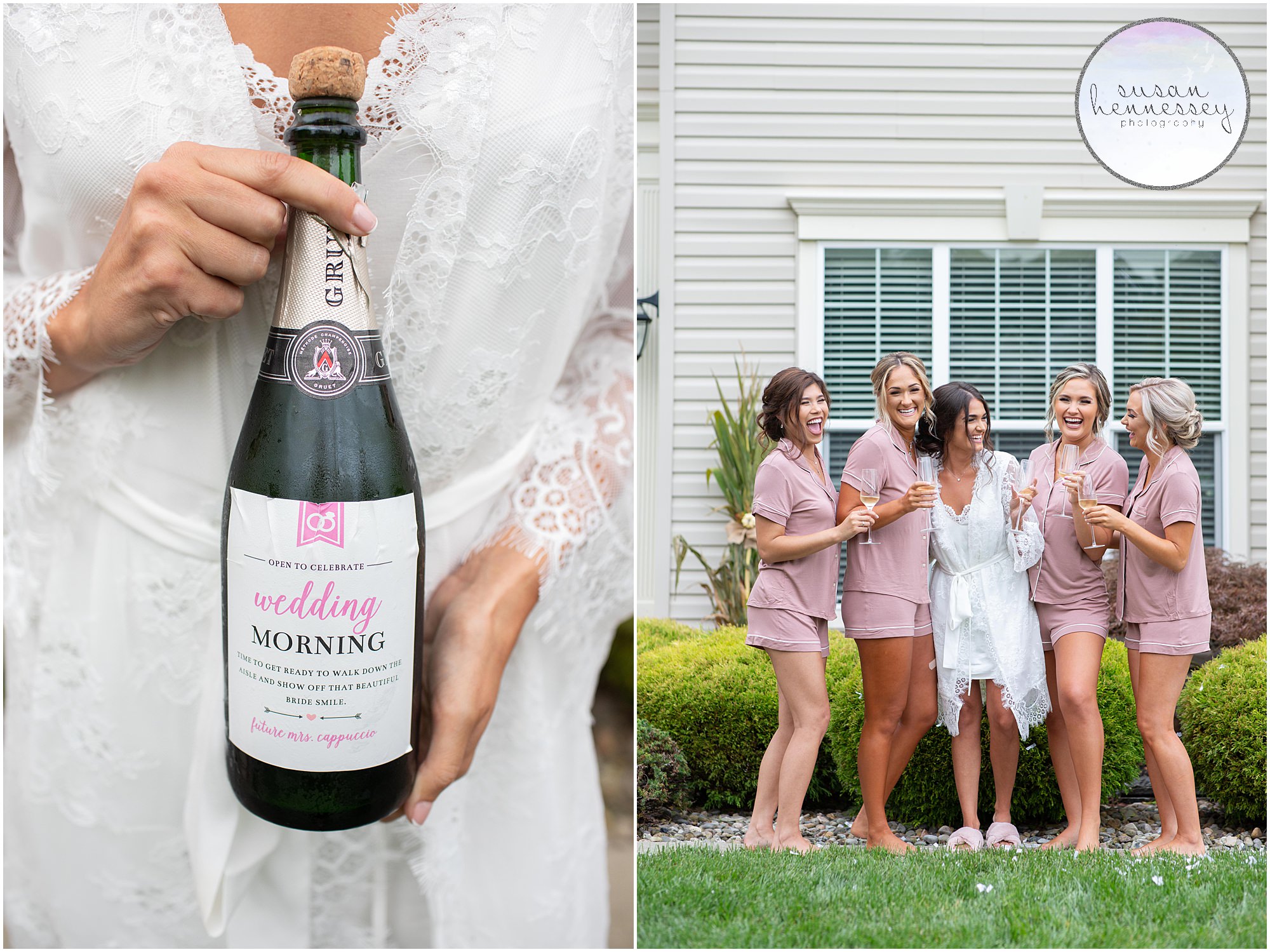 Bride and bridesmaids with champagne at Fall winery wedding.