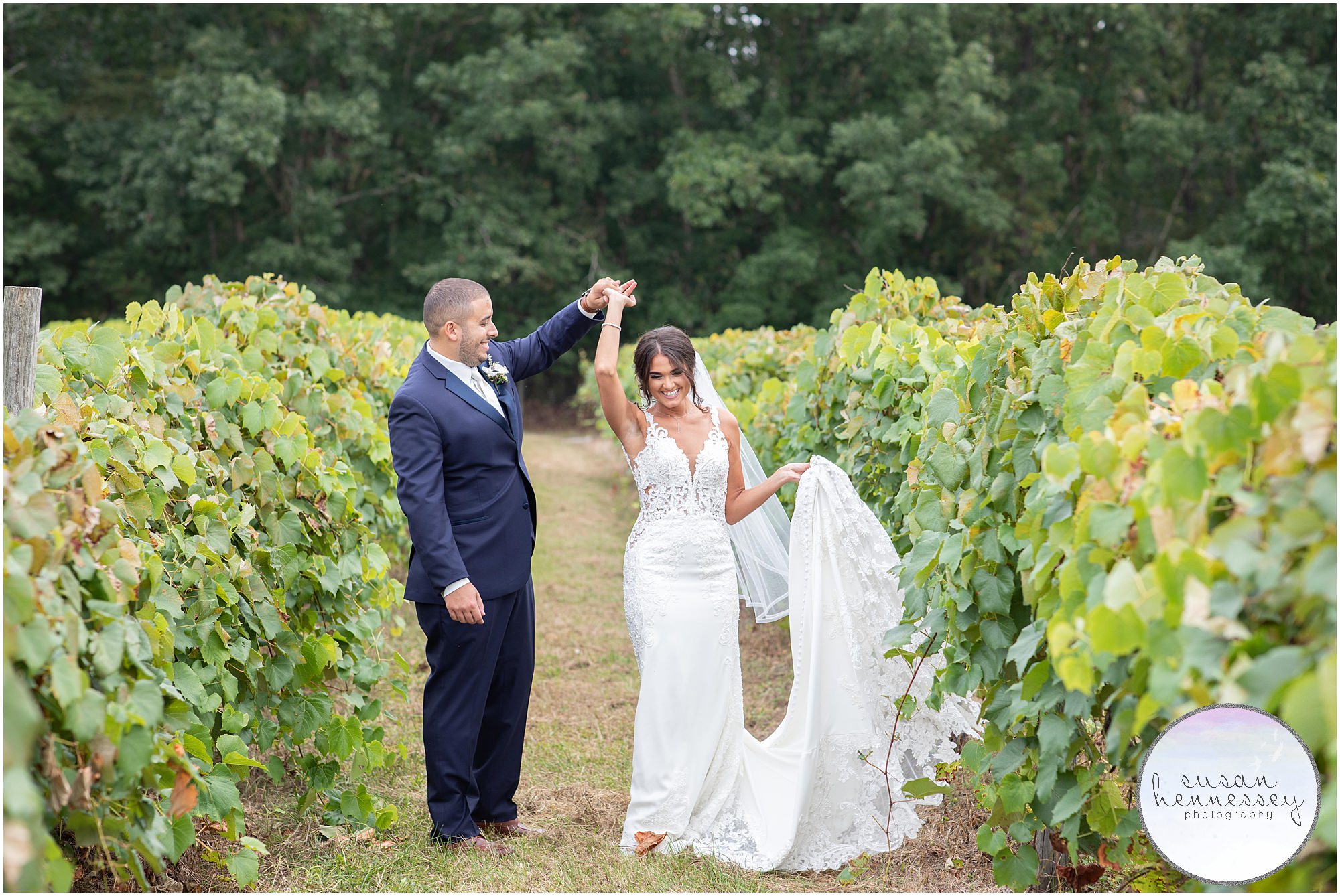 Bride and groom portraits among the vines at Renault Winery wedding