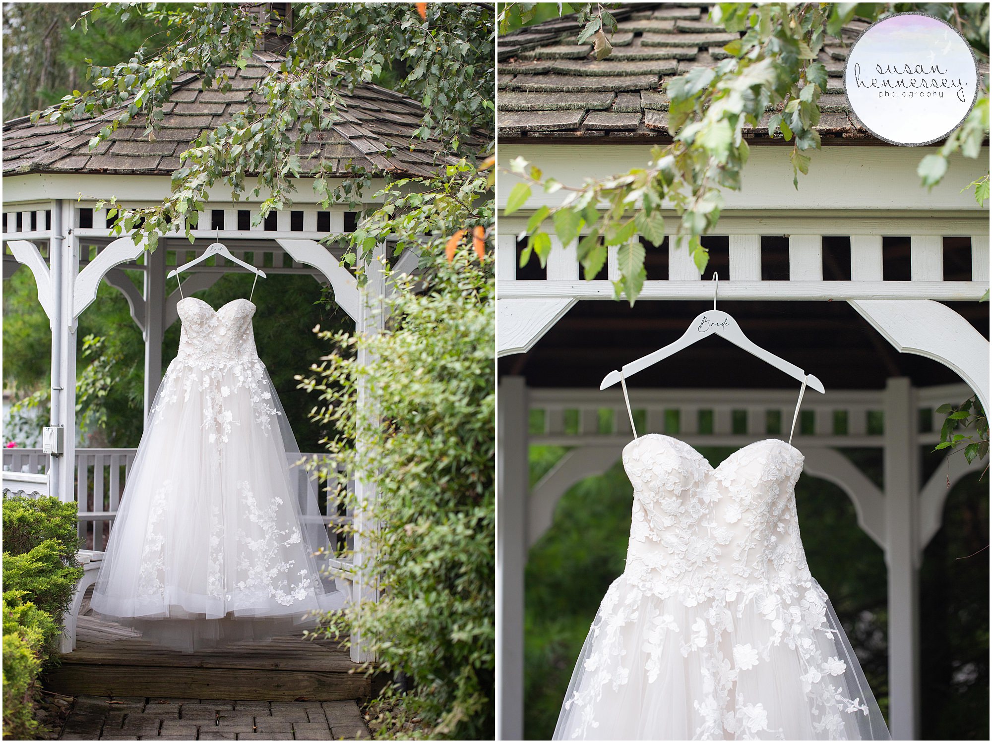 Wedding dress hanging outside at Beautiful bridal details at Windows on the Water at Frogbridge Wedding