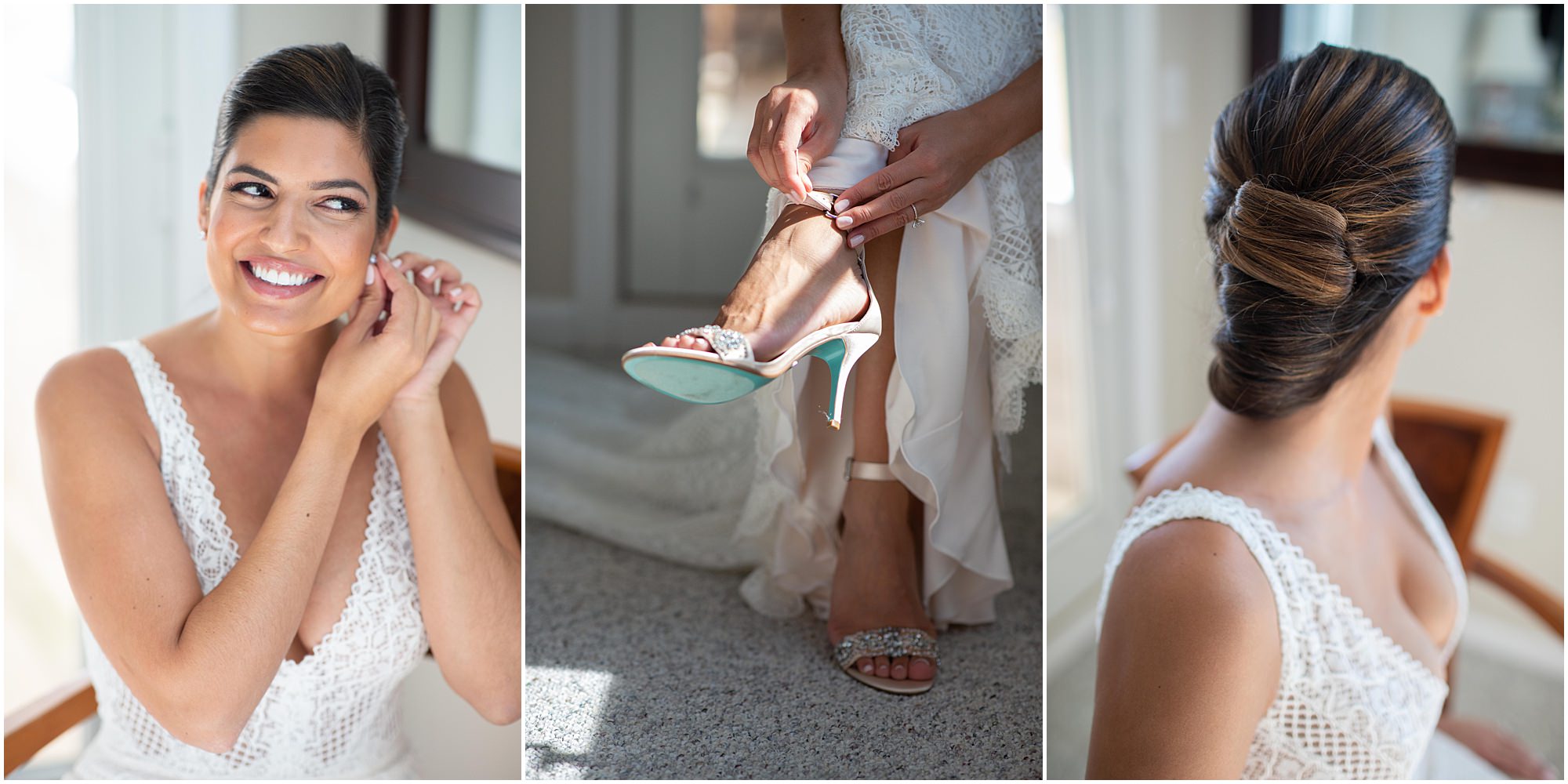 Bride puts on earrings and shoes at October jersey shore Long Beach Island Microwedding