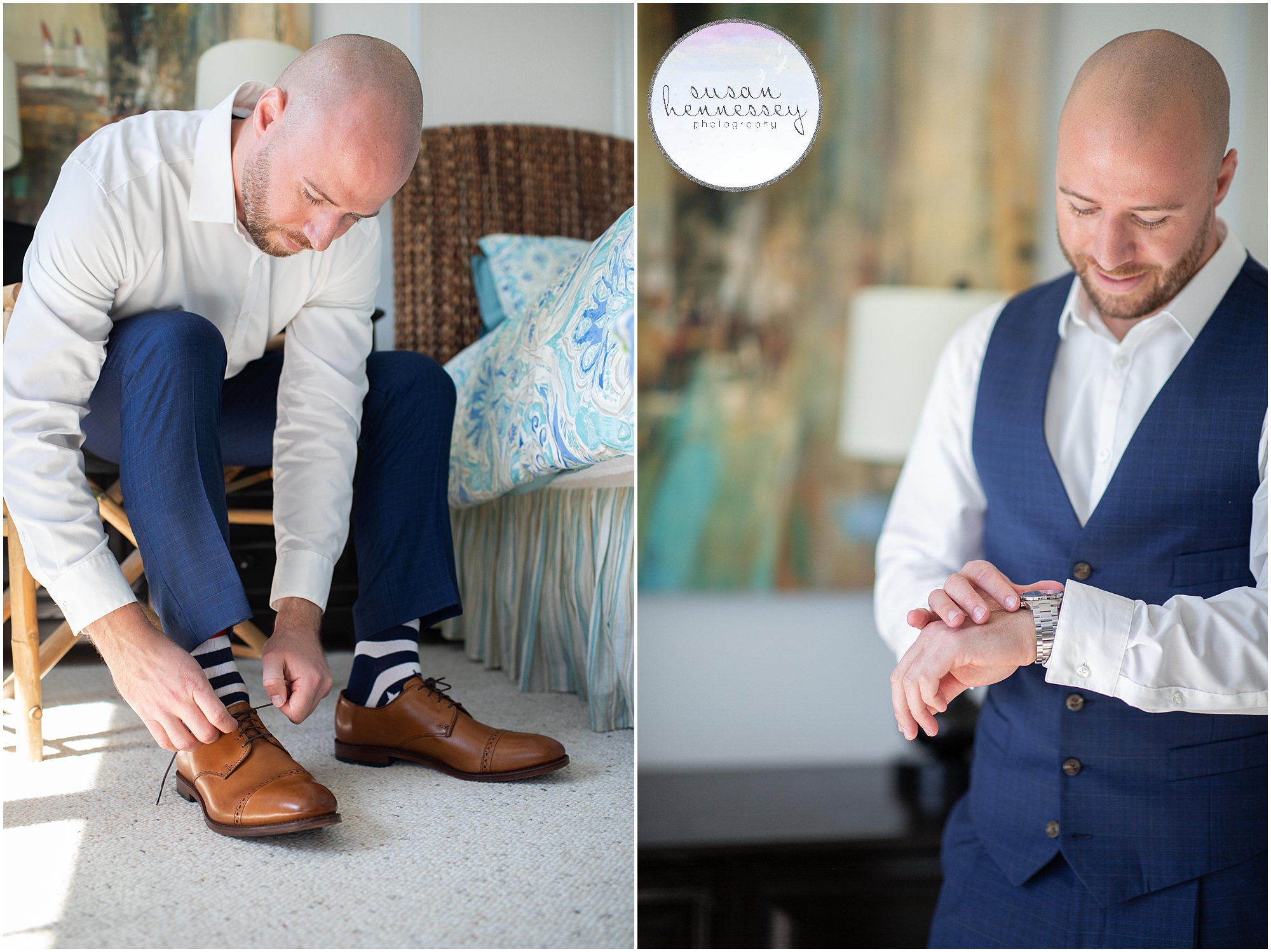 Groom puts on watch and shoes at Long Beach Island Microwedding