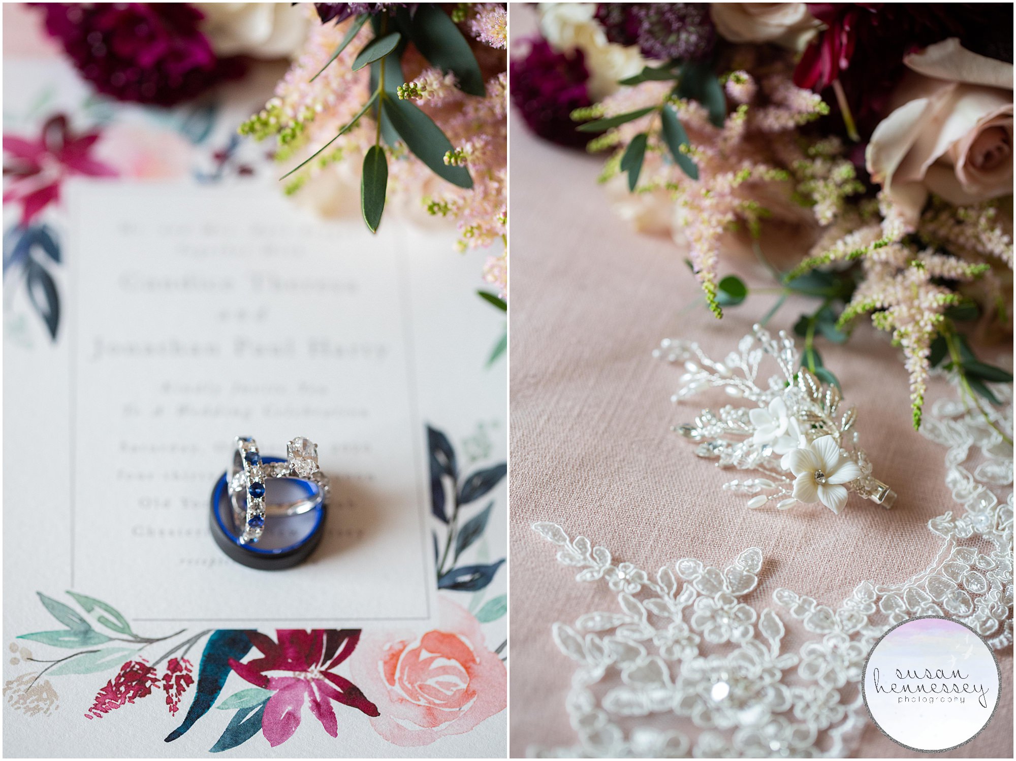 Details of rings, invitation and bride's hair piece for Fall Wedding at Old York Country Club