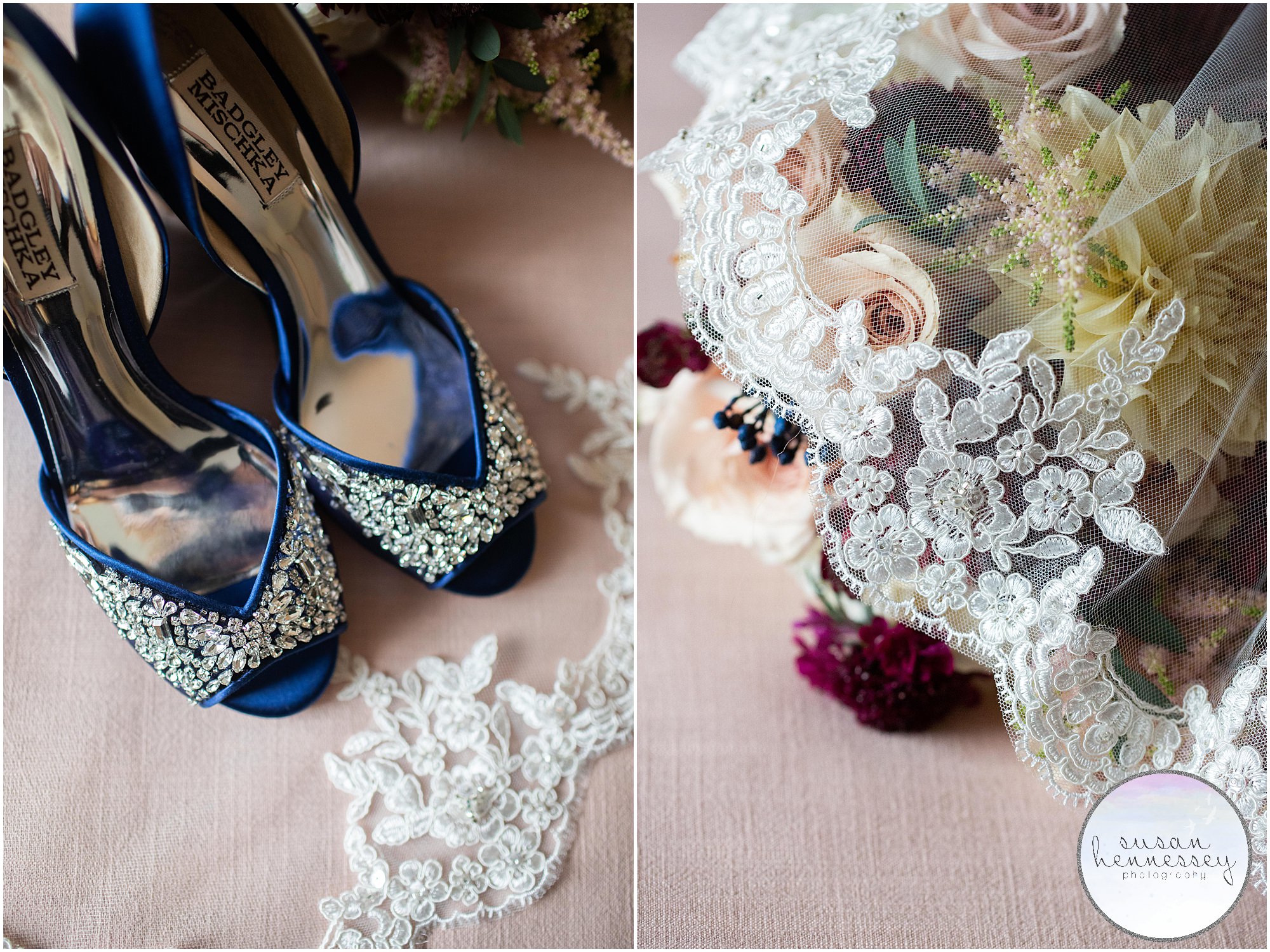 Something blue shoes and detail of veil at Fall Wedding at Old York Country Club