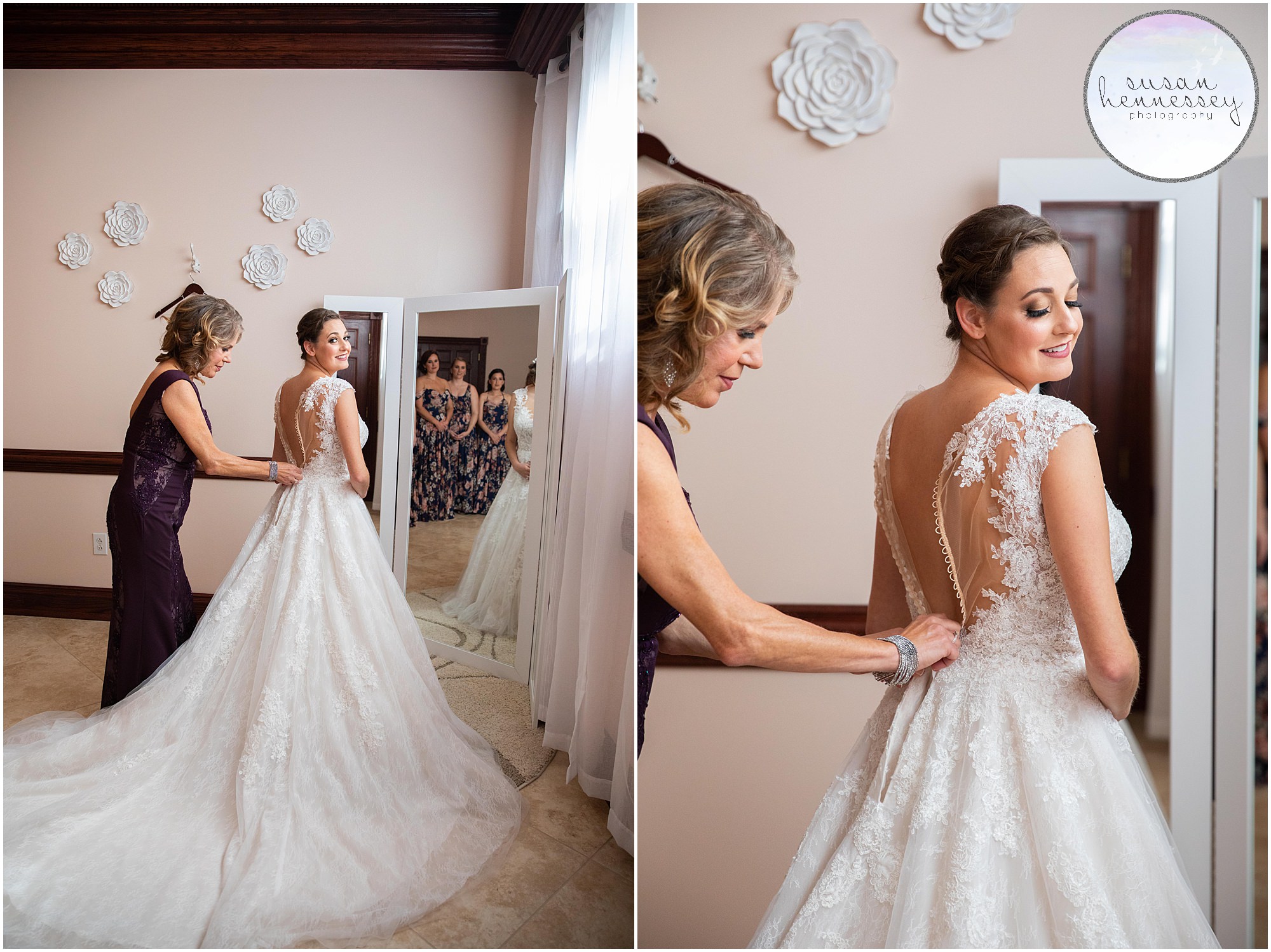 Bride dresses in the bridal suite at Old York Country Club