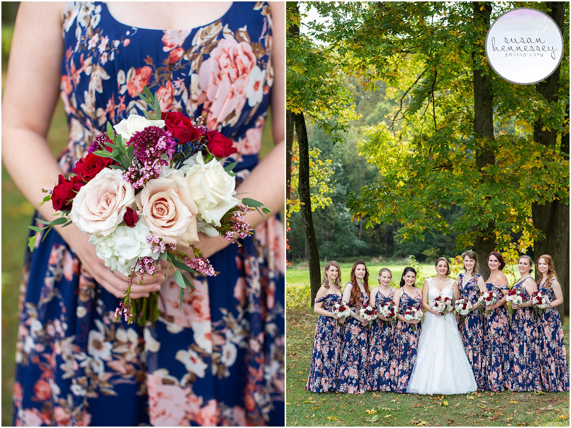 Bridesmaids in blue floral at Wedding at Old York Country Club