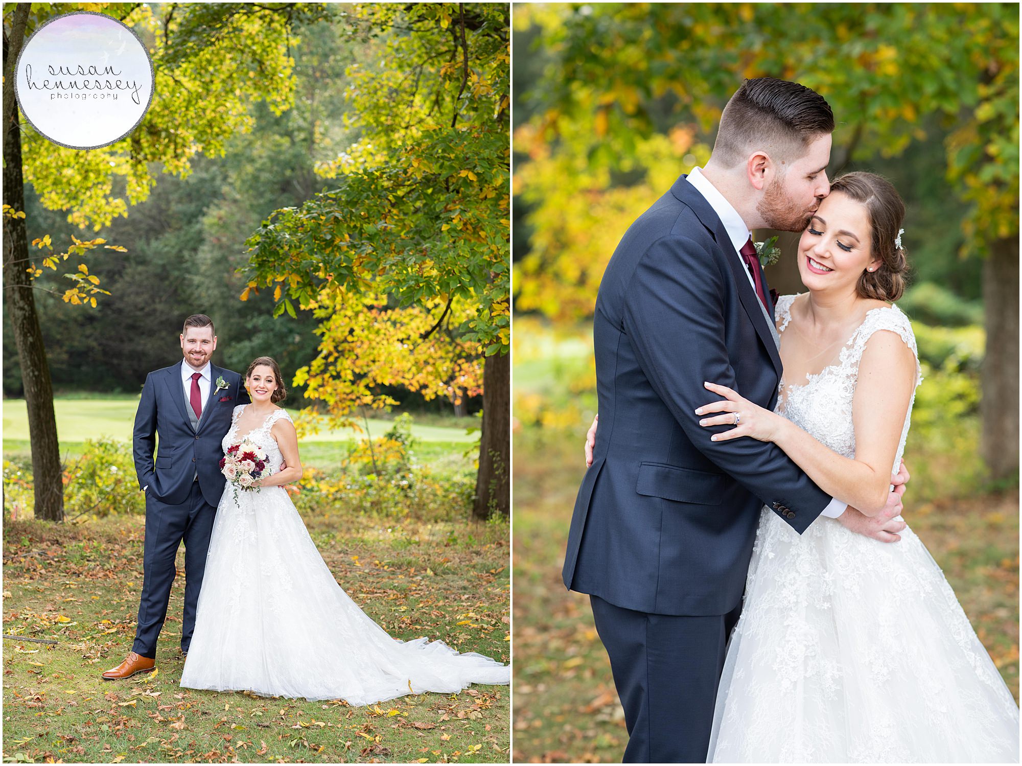 Bride and groom in foliage at Fall Wedding at Old York Country Club