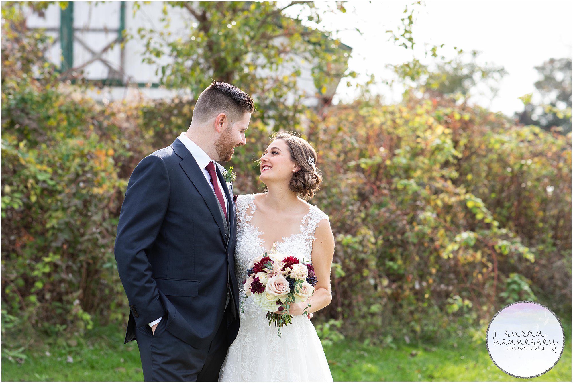 Bride and groom laugh at Fall Wedding at Old York Country Club