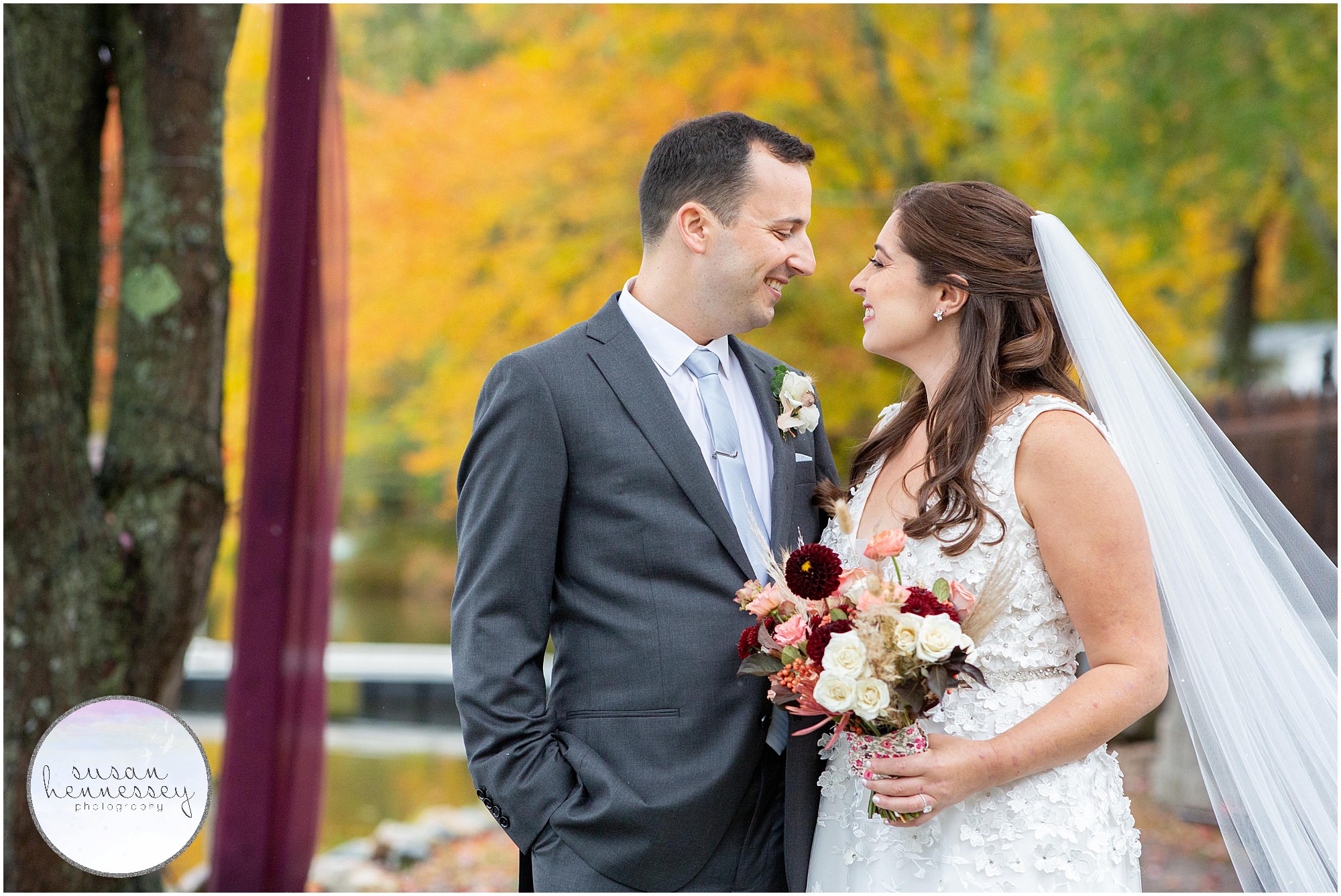 Fall colors in bride and groom portraits at Andre's Lakeside Dining Microwedding