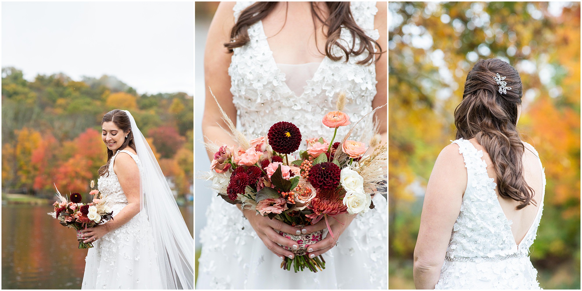 Bridal portraits and autumn bouquet at Andre's Lakeside Dining Microwedding