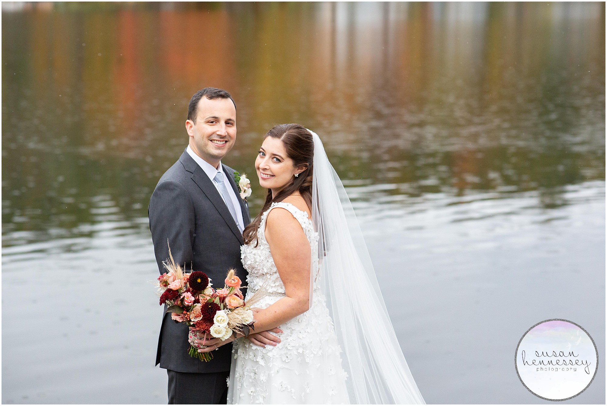 Fall wedding portraits on the lake at Andre's Lakeside Dining Microwedding