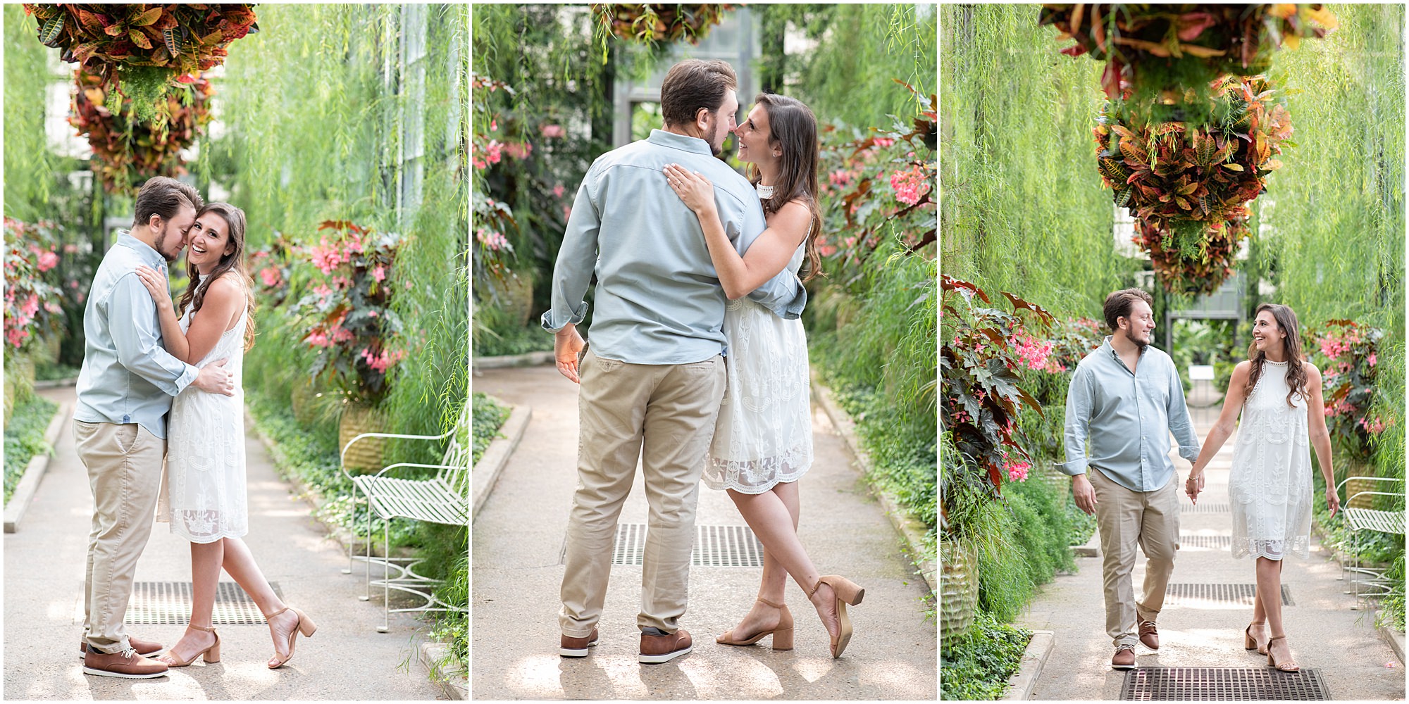 A summer Engagement Session at Longwood Gardens in the conservatory 