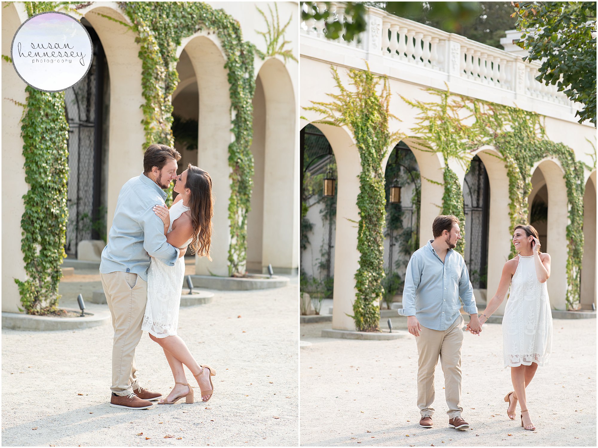 Two romantic images from a couples photography session at Longwood Gardens