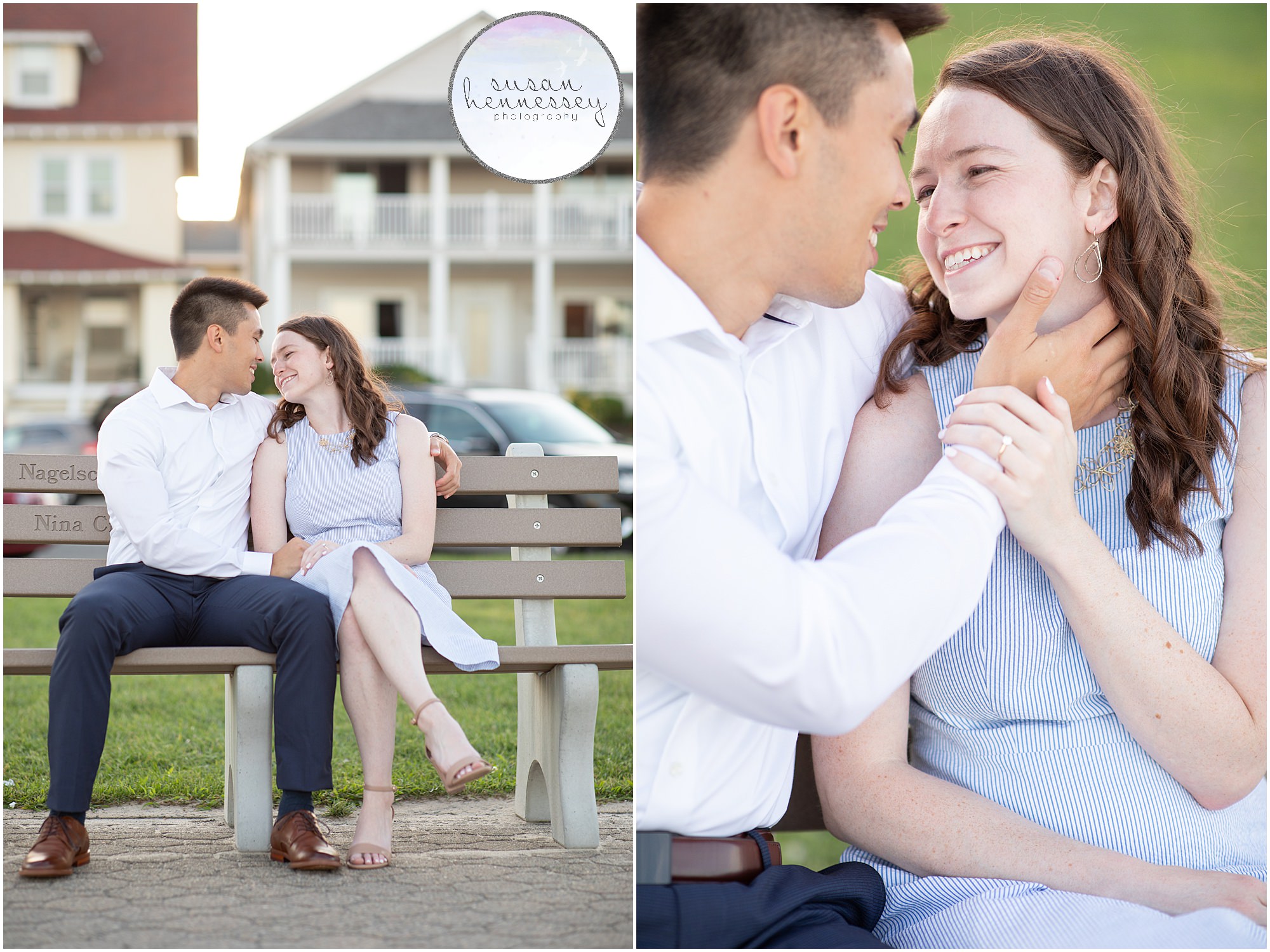 An engaged couple sit on a bench at their Bradley Beach Engagement Session