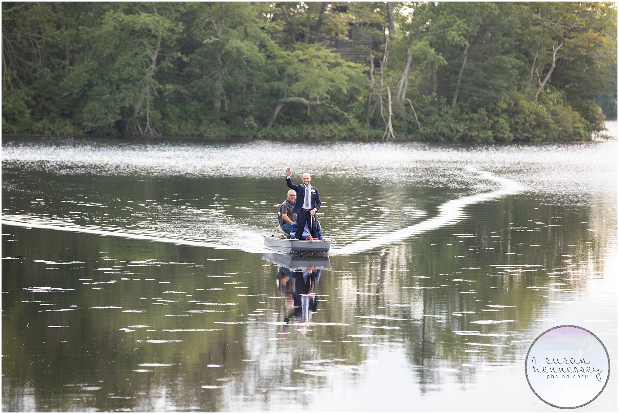 Susan Hennessey Photography Best of 2020 Weddings - South Jersey lake house wedding groom arriving on boat!