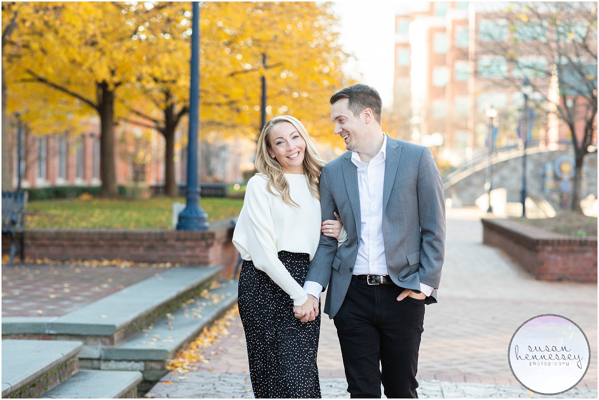 An engagement session at sunset during Fall in Downtown Frederick, MD