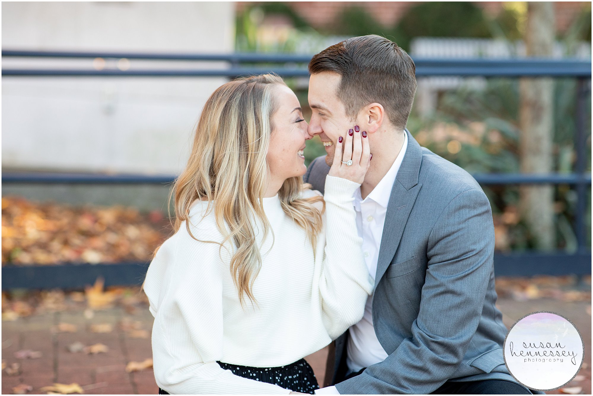 downtown Frederick engagement session photographed during fall at sunset