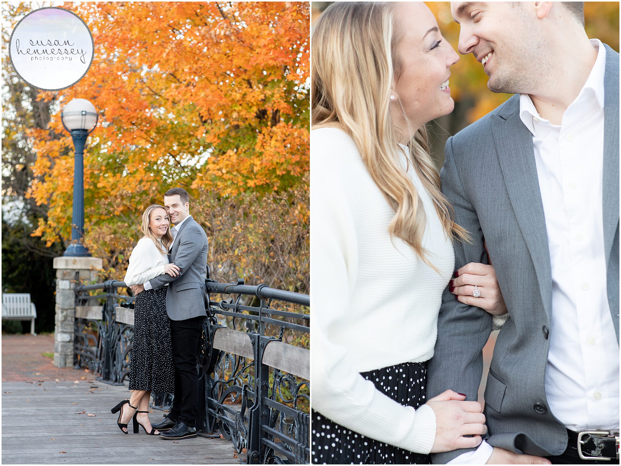 downtown Frederick engagement session photographed on the bridge with fall foliage. 