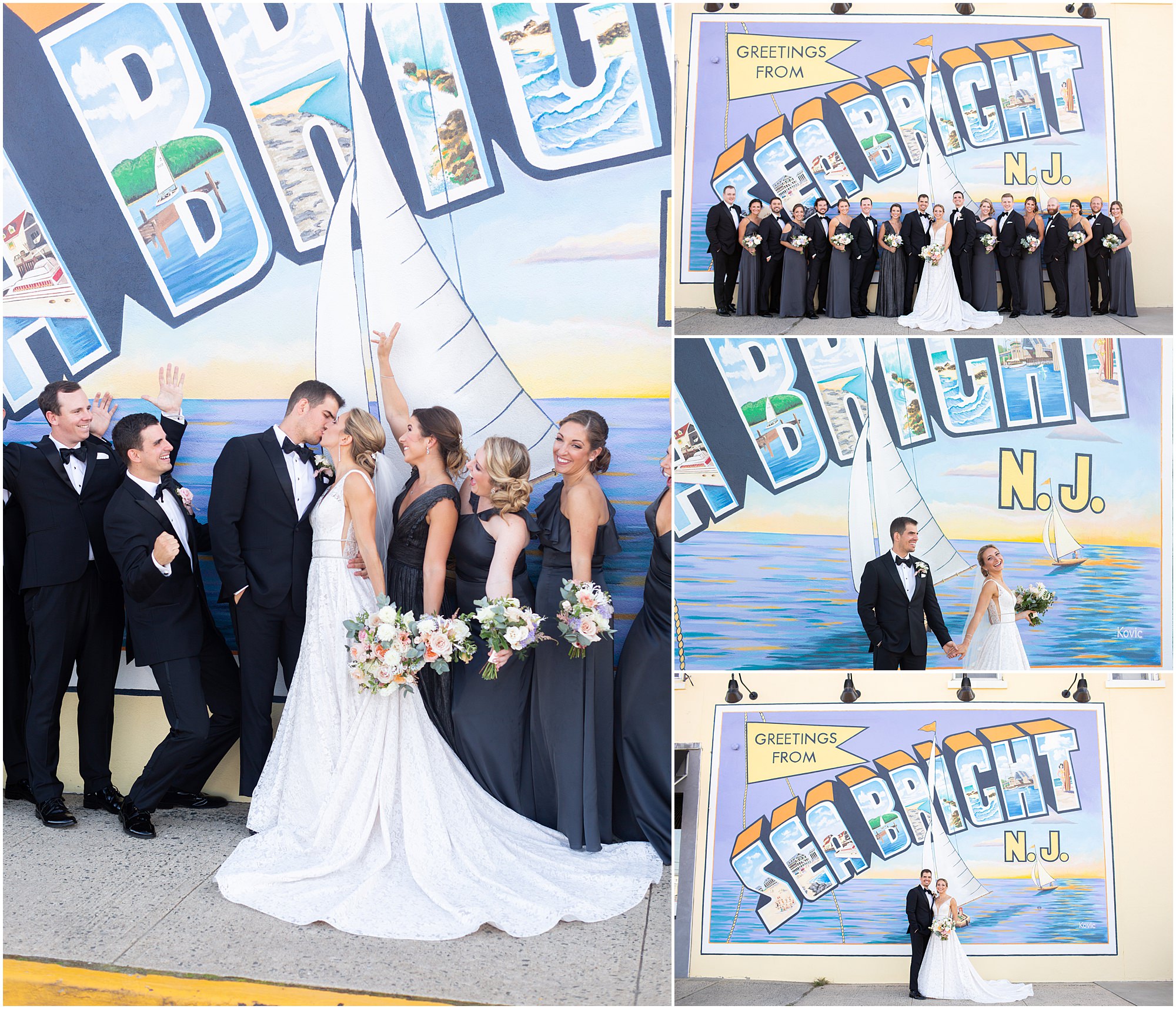 A couple and their wedding party at the Welcome to Sea Bright sign at their Windows on the Water at Surfrider Beach Club wedding