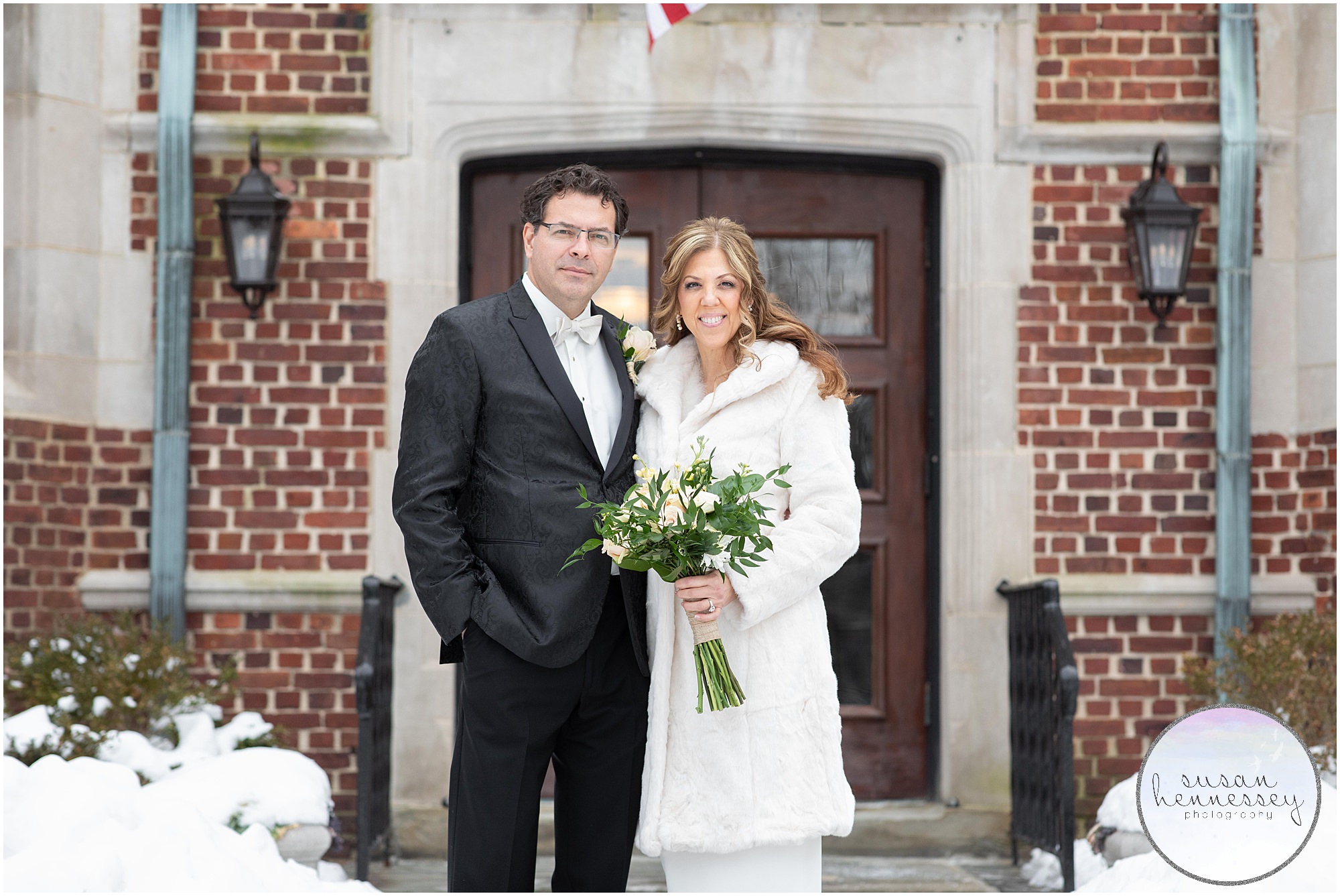 A couple at their winter microwedding at the moorestown community house