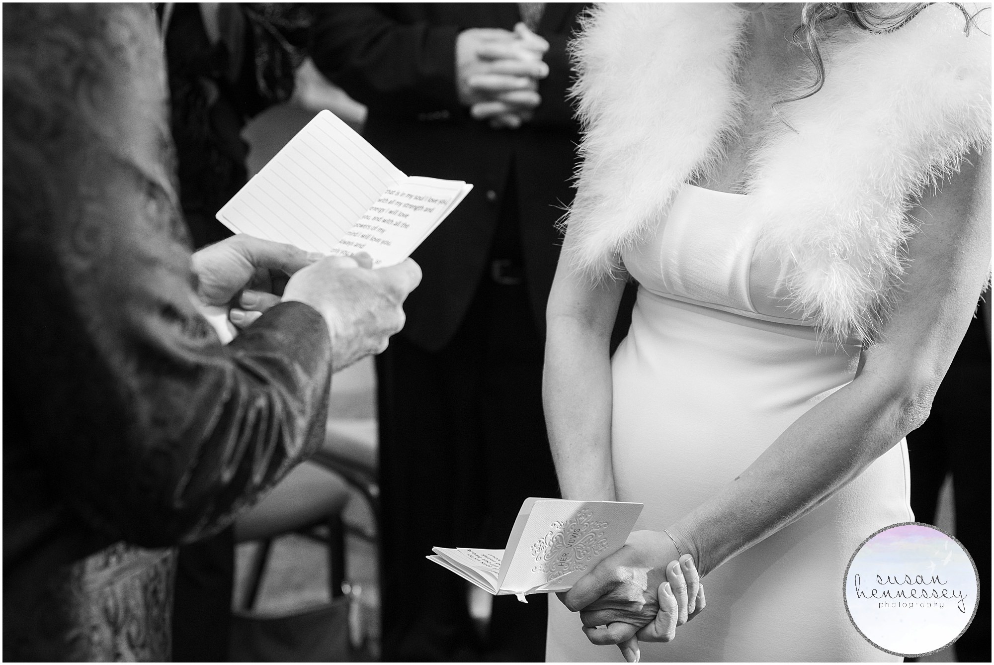 Black and white photo of the vows at Fellowship Alliance Chapel wedding in Medford, NJ