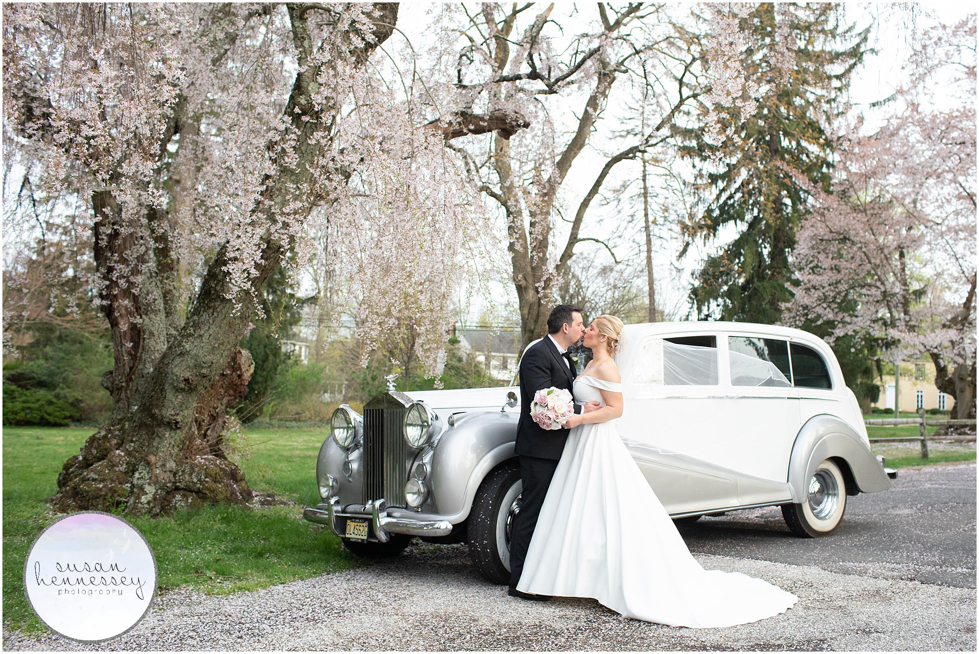 Planning a Micro Wedding? Cherry Blossoms and a Rolls Royce are stunning for wedding day portraits!