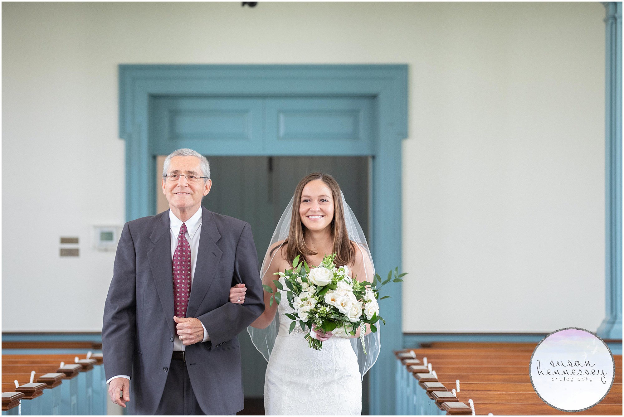Bride walks down aisle at NJ Micro Wedding at First Presbyterian Church of Moorestown