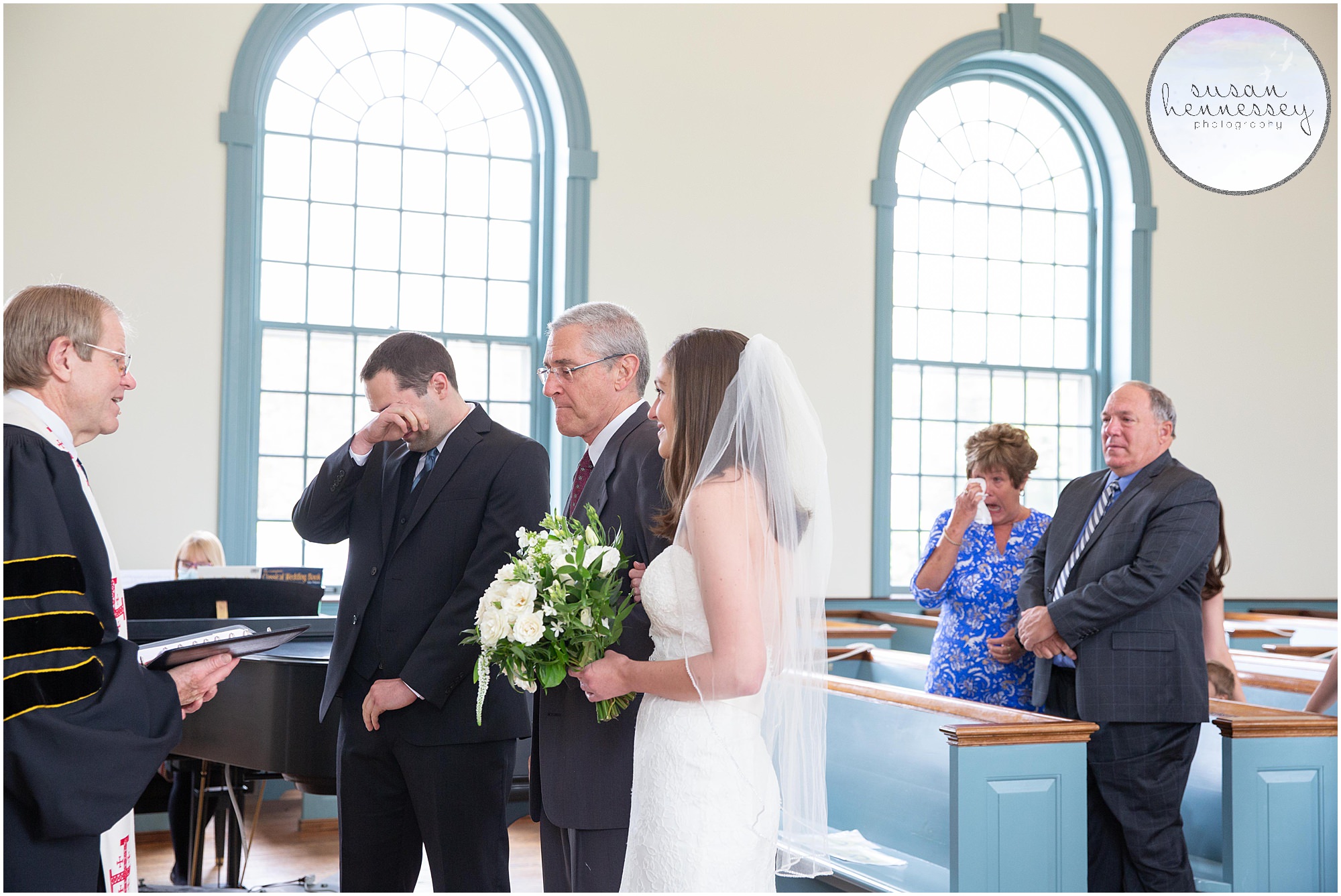 Emotional groom and family at NJ Micro Wedding at First Presbyterian Church of Moorestown