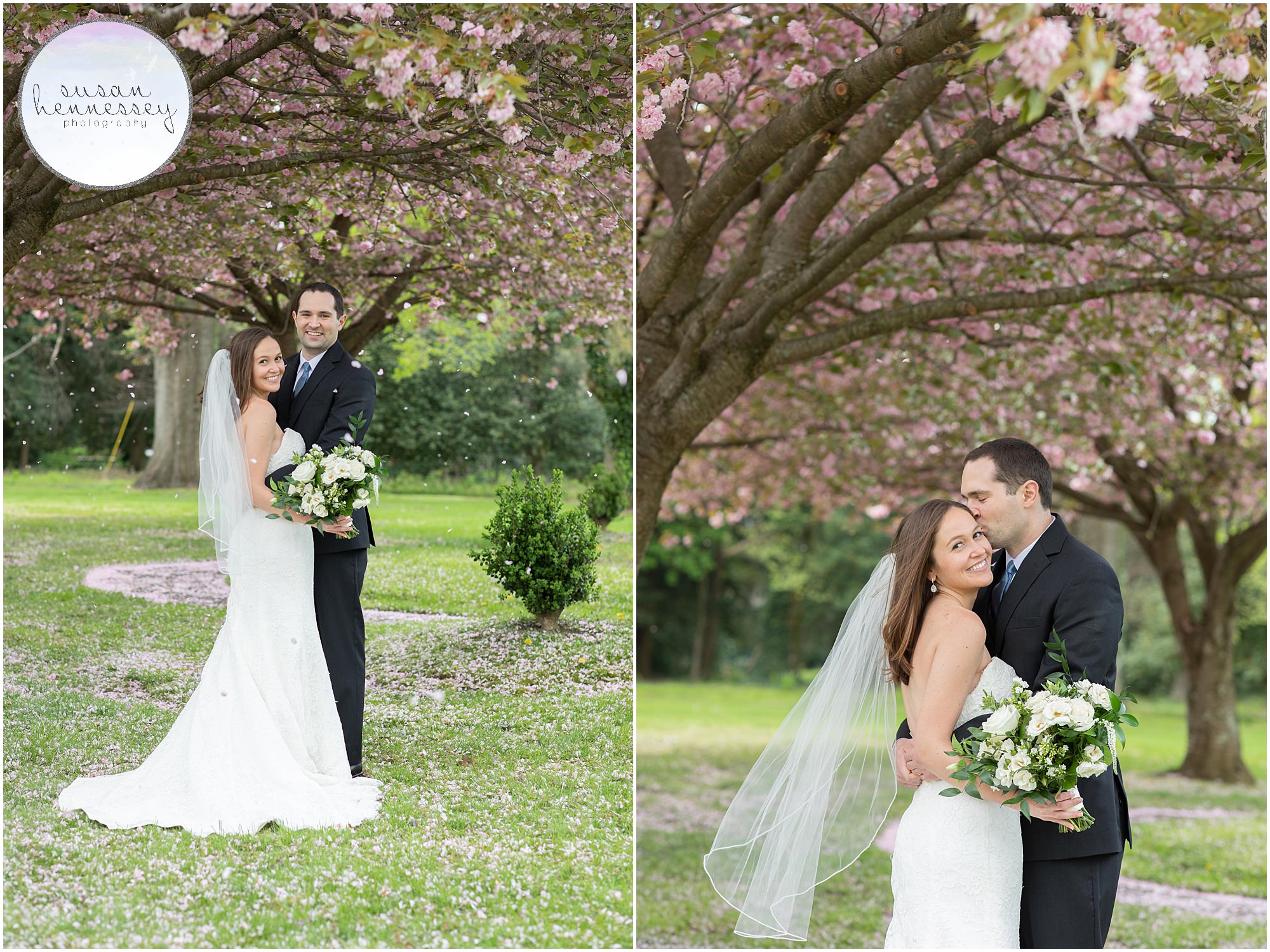 Bride and groom and cherry blossoms at NJ Micro Wedding in South Jersey