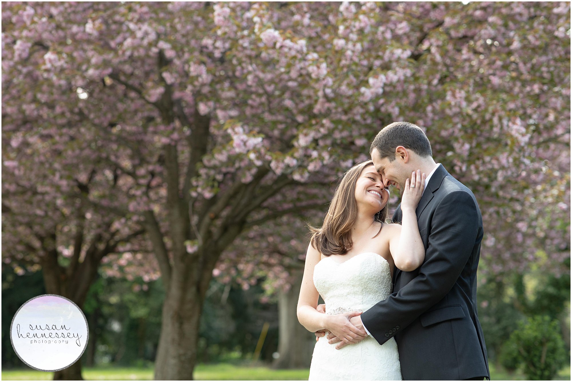 Bride and groom and cherry blossoms at NJ Micro Wedding