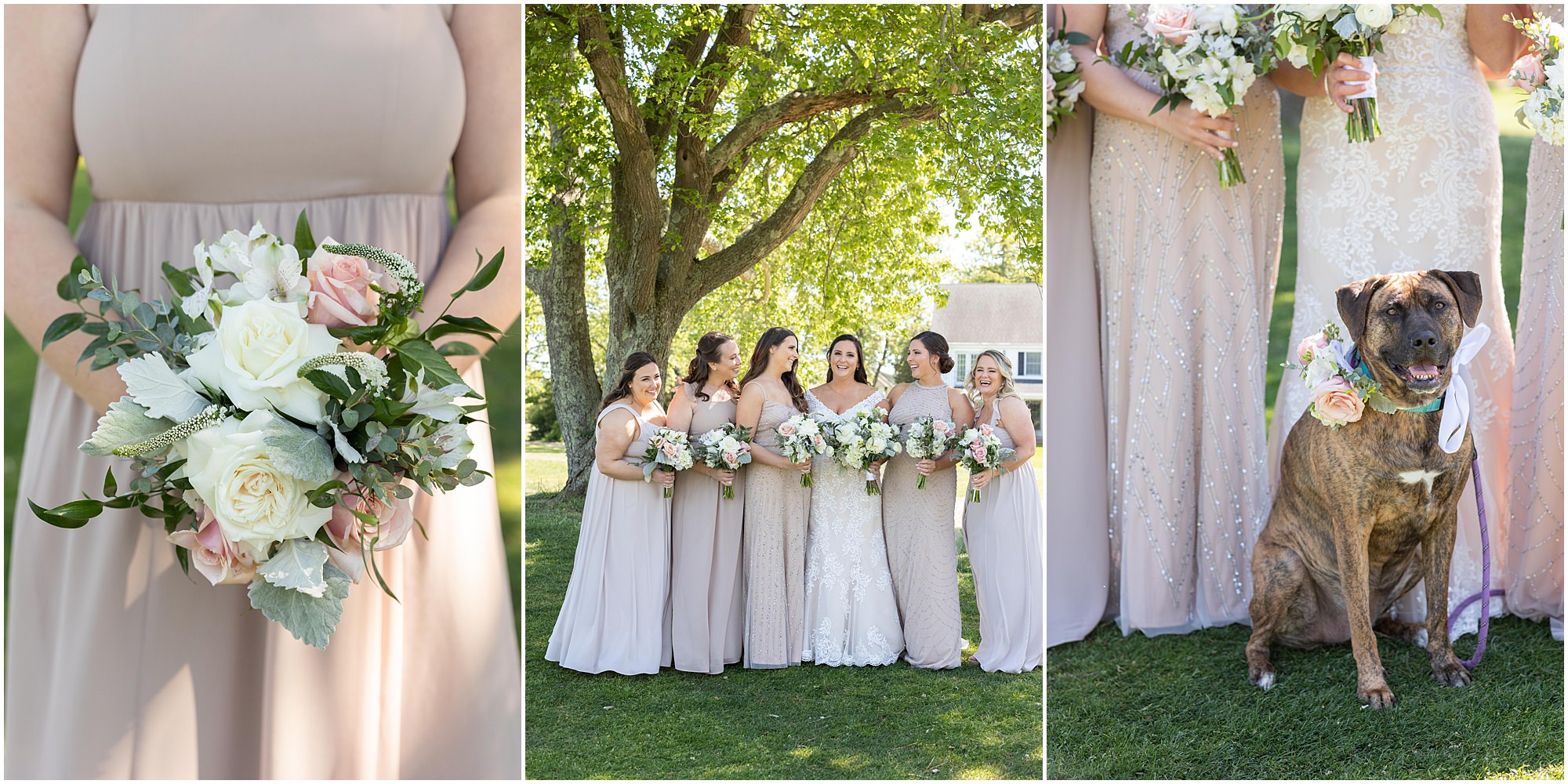 Bride and bridesmaids in neutral dresses at Atlantic City Country Club Wedding