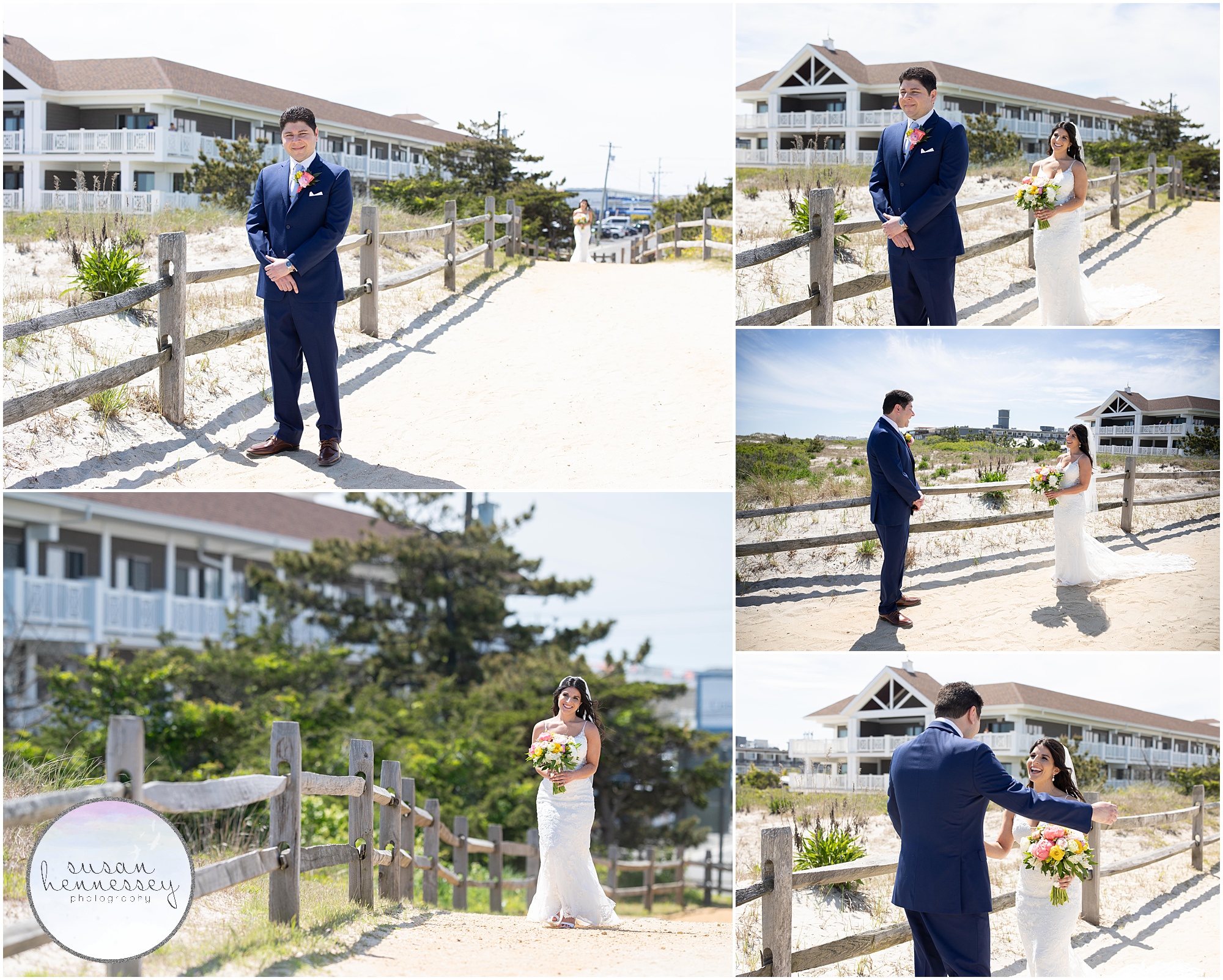 First look on beach path at ICONA Avalon Wedding