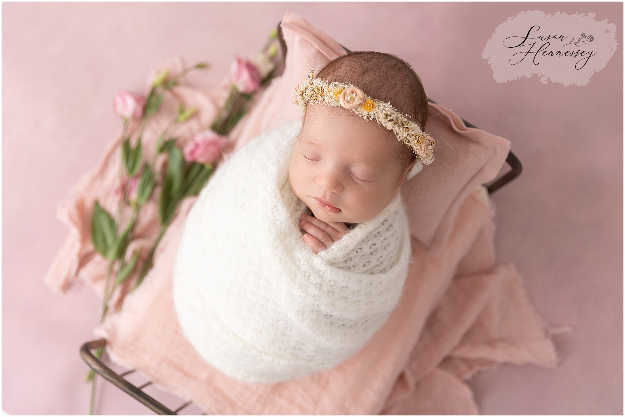 South Jersey newborn photography with delicate details, featuring florals, whites and pinks.