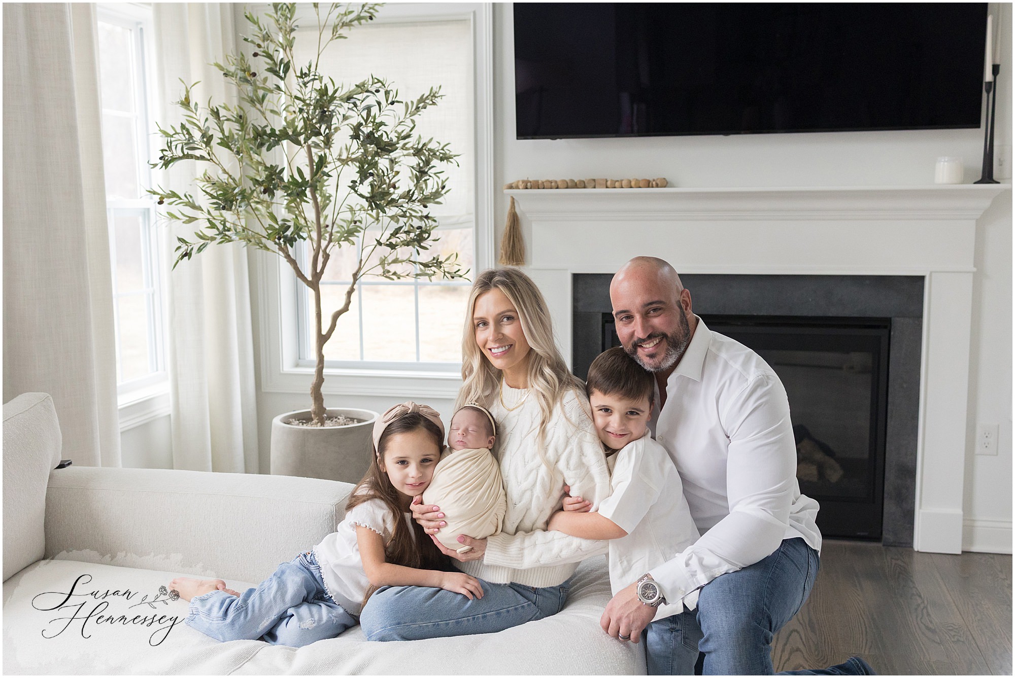 Happy family of 5 for In home newborn photography session in Moorestown NJ