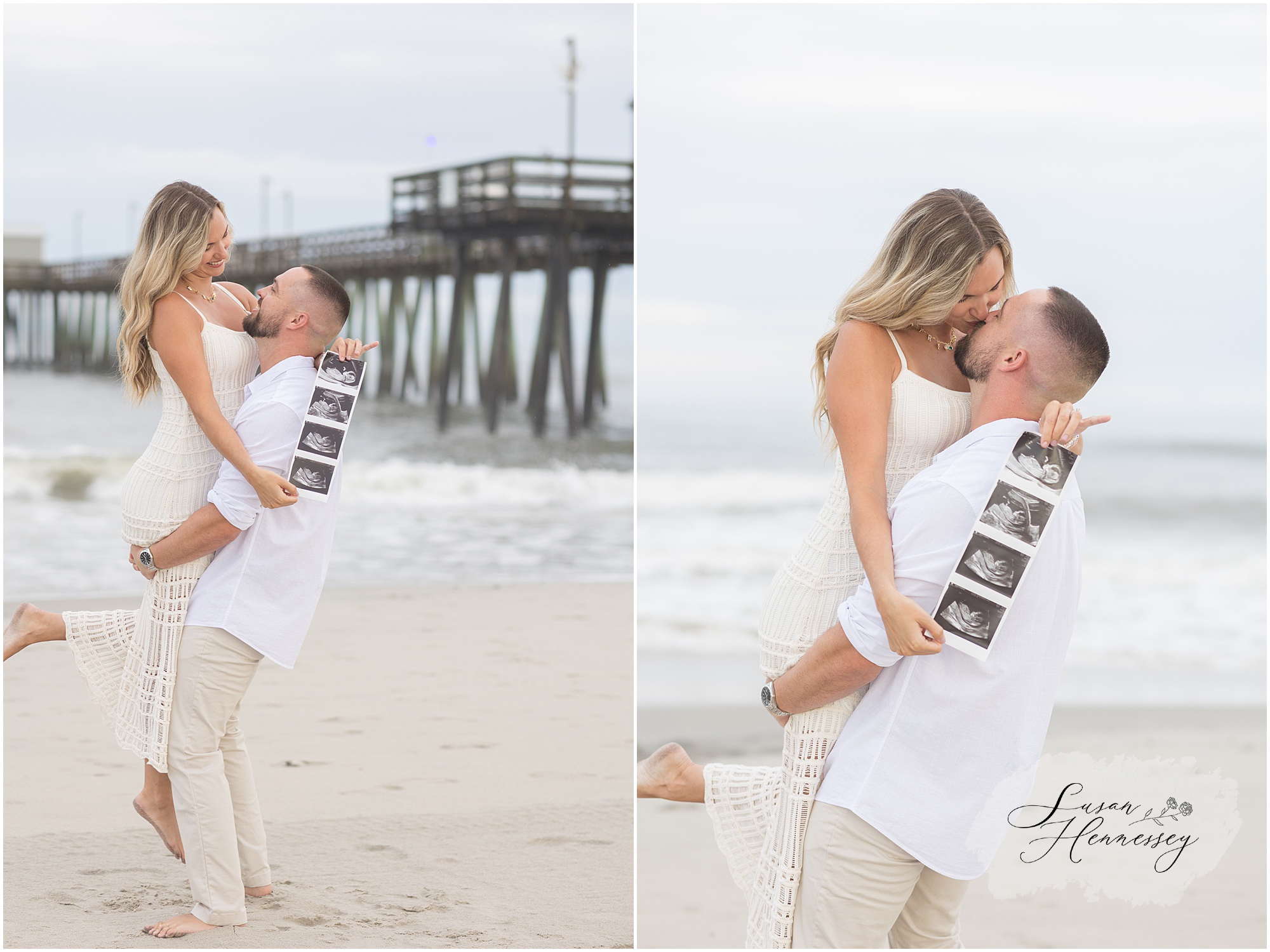 Couple embracing at sunset during a Jersey Shore maternity photography session