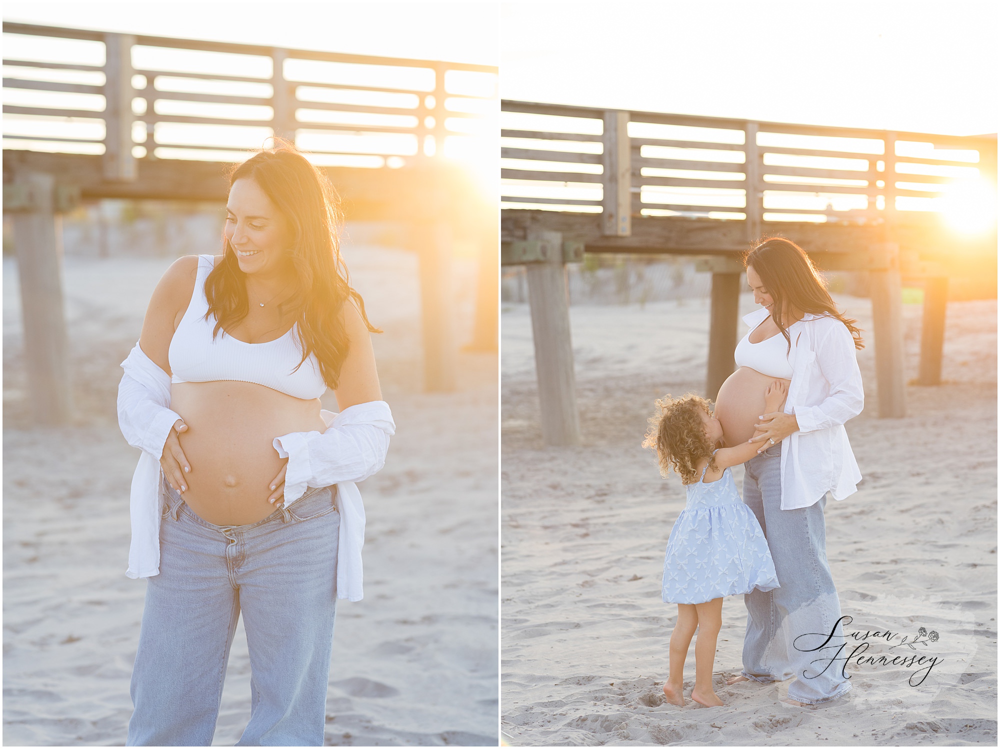 Pregnant mother walking along the shoreline during a Jersey Shore maternity photography session