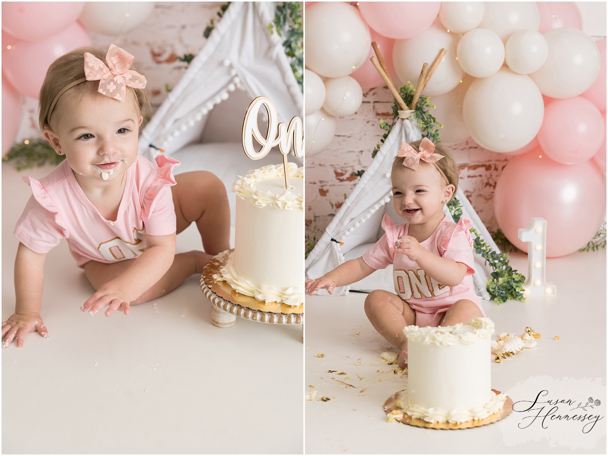 First birthday cake smash setup with pink balloons, greenery and tent in South Jersey photography studio