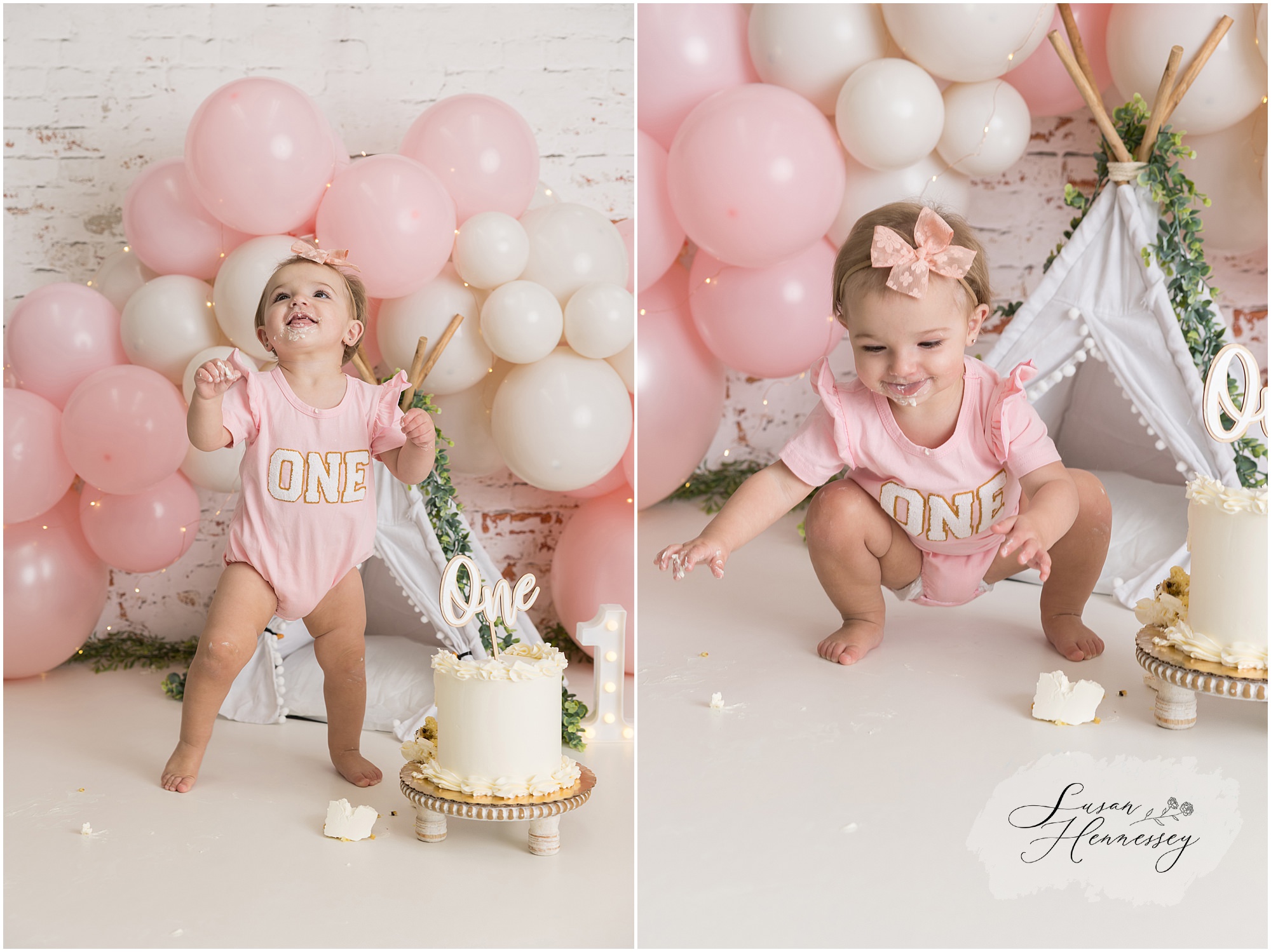 Little girl enjoying her birthday cake during her first birthday cake smash session in South Jersey